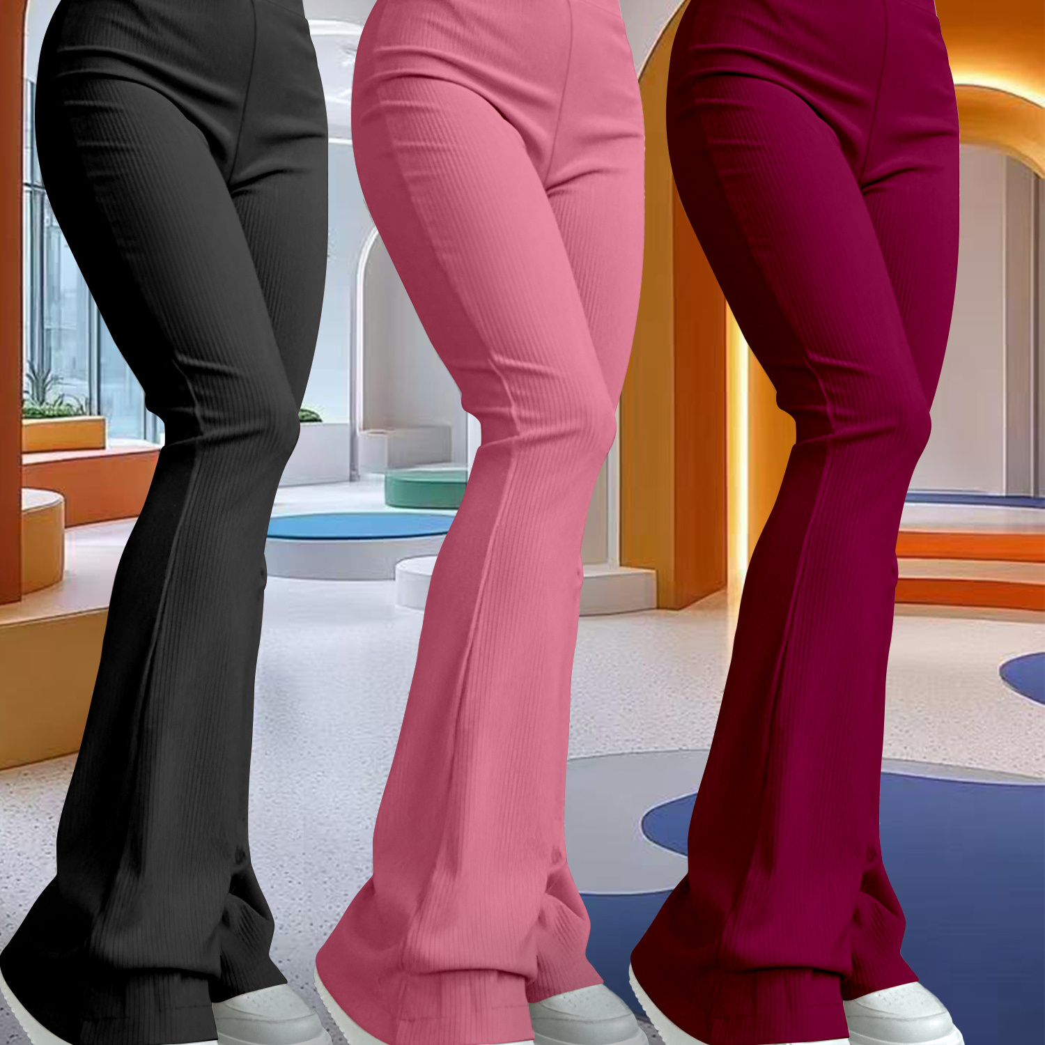 

3pcs Women's K11 Casual Flare Leg Pants Set, High-waisted Slim Fit Bell Bottoms, Solid Color Trousers, 96% Polyester 4% Spandex, Knit Fabric, 200g/m² - Adult