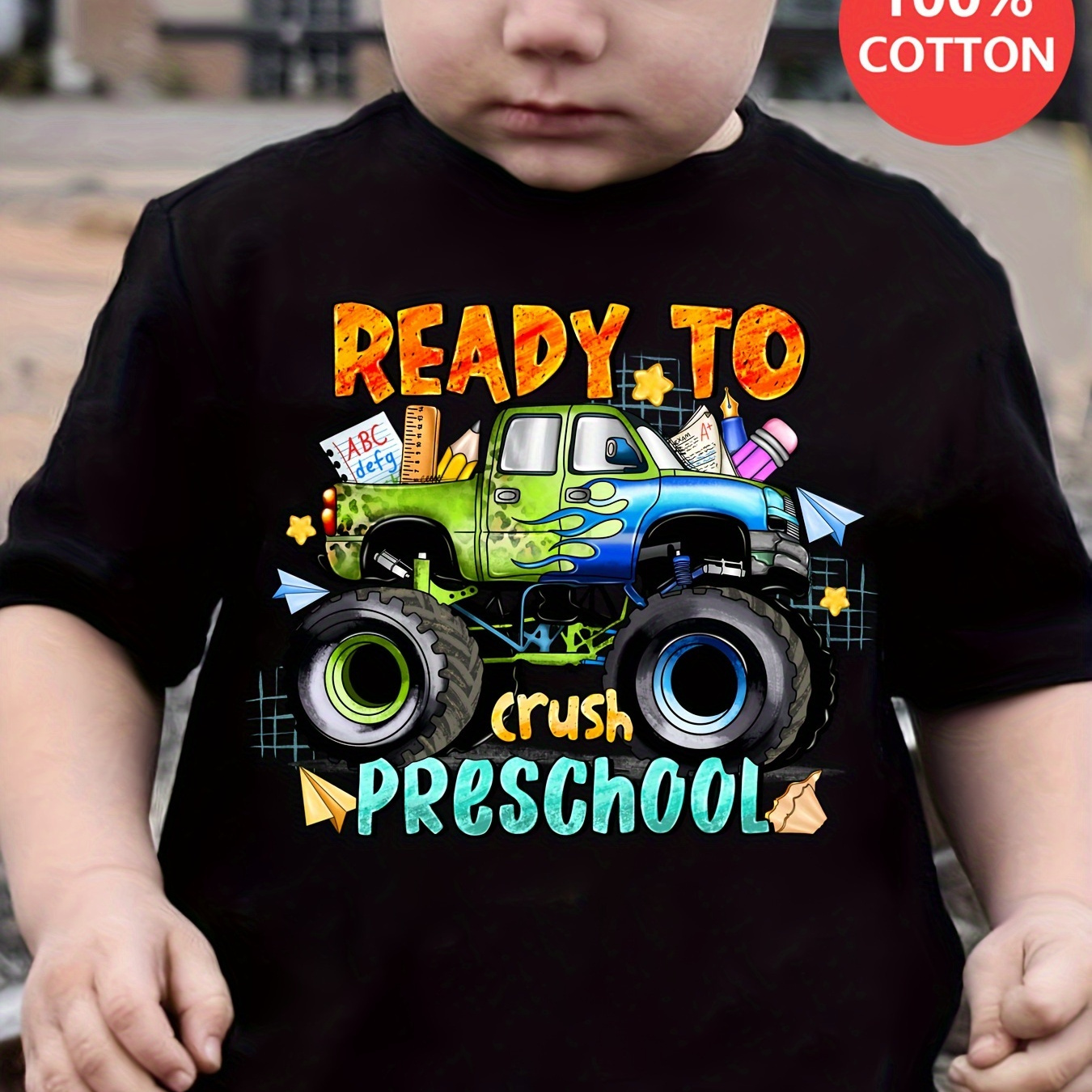 

Boy's Pure Cotton Summer Casual Comfy T-shirt - Ready To Crush School.. & Truck Print Short Sleeve Crew Neck Tee Creative Gift