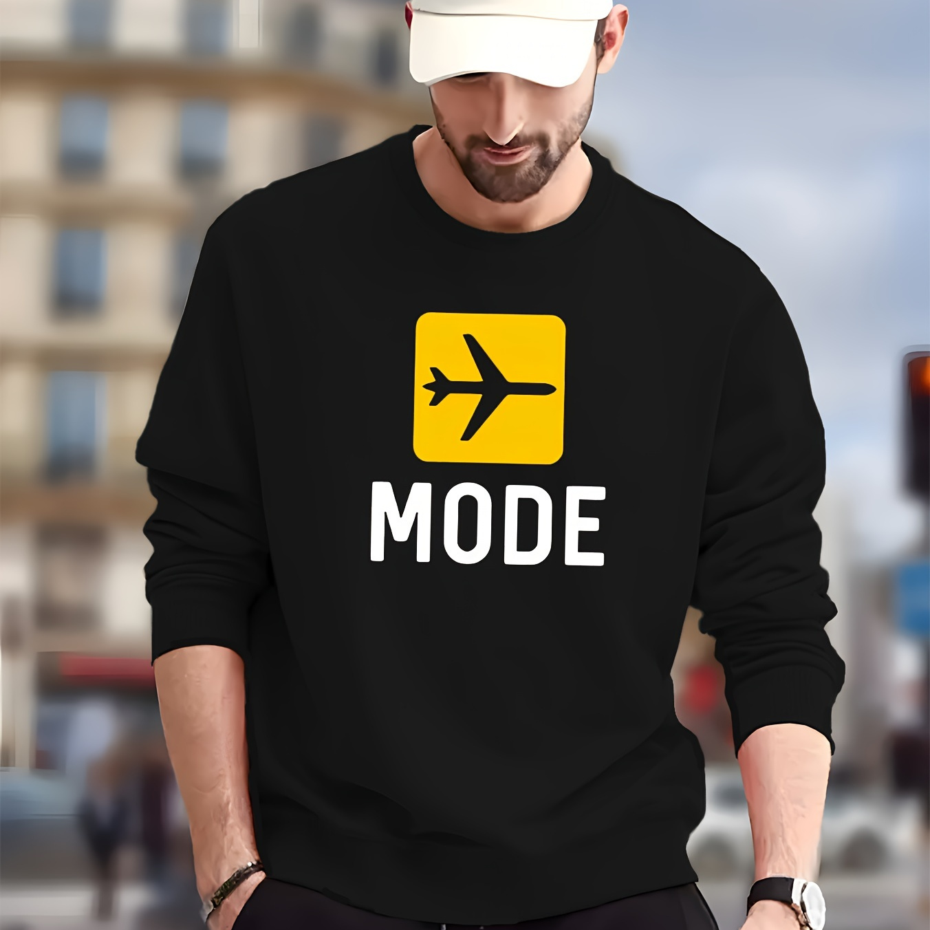 

Fashionable Men's Casual Plane Mode Print, Long Sleeve Round Neck Sweatshirt, Suitable For Outdoor Sports, For Autumn And Winter, With Hip-hop Necklace, As Gifts