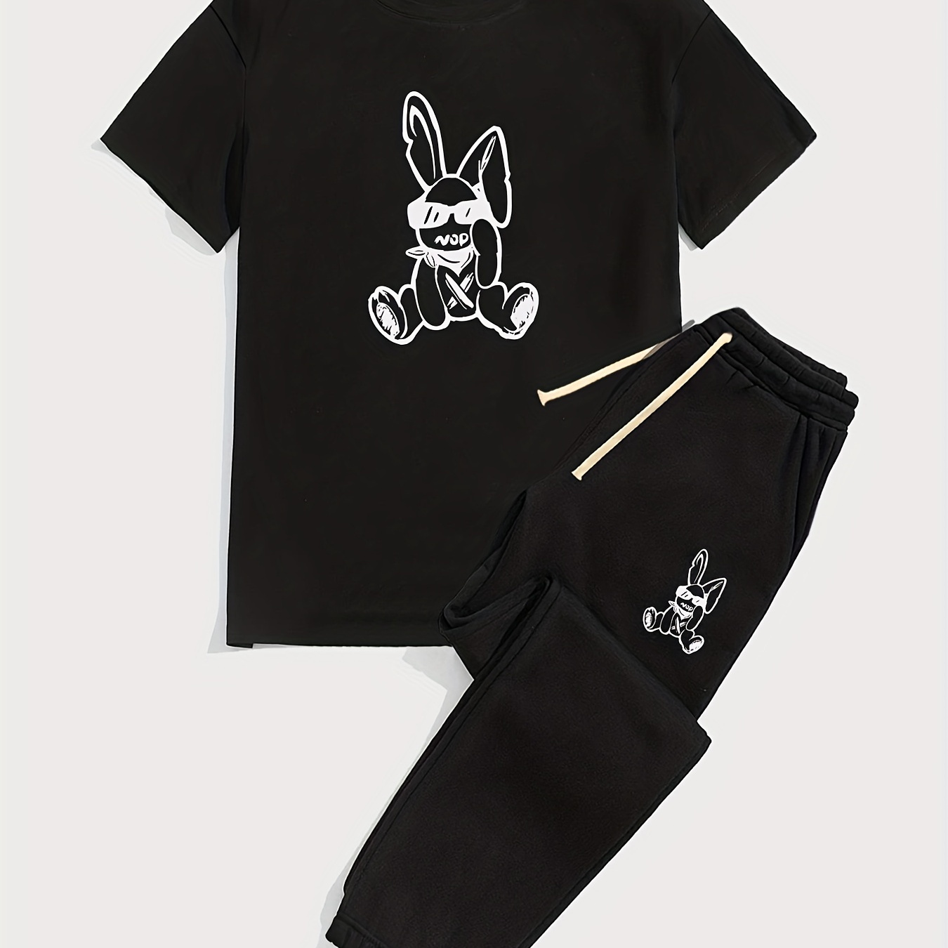 

Men's Casual Trendy Cool Rabbit T-shirt & Drawstrings Sweatpants Set For Summer Holiday Outdoor Sports, Creatively Designed
