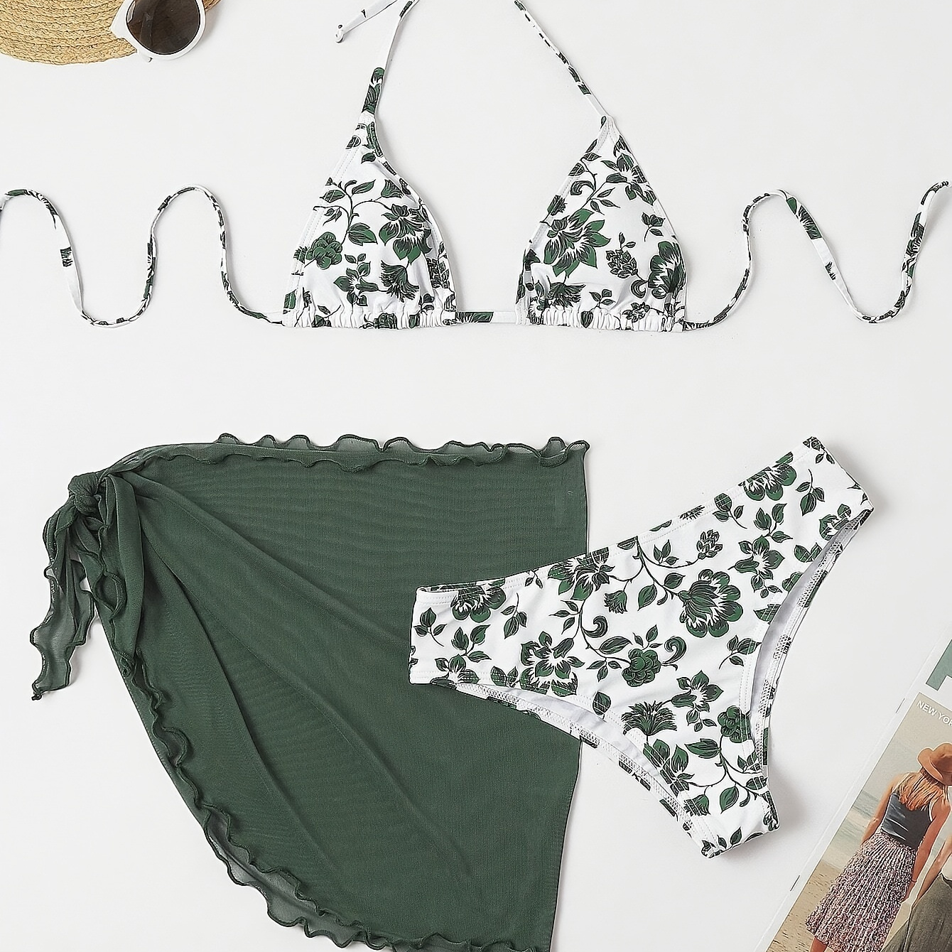 

Women's Tropical Leaf Print Three-piece Bikini Set, Adjustable Halter Neck Swimwear, High Cut Bottom With Sarong, Summer Beachwear