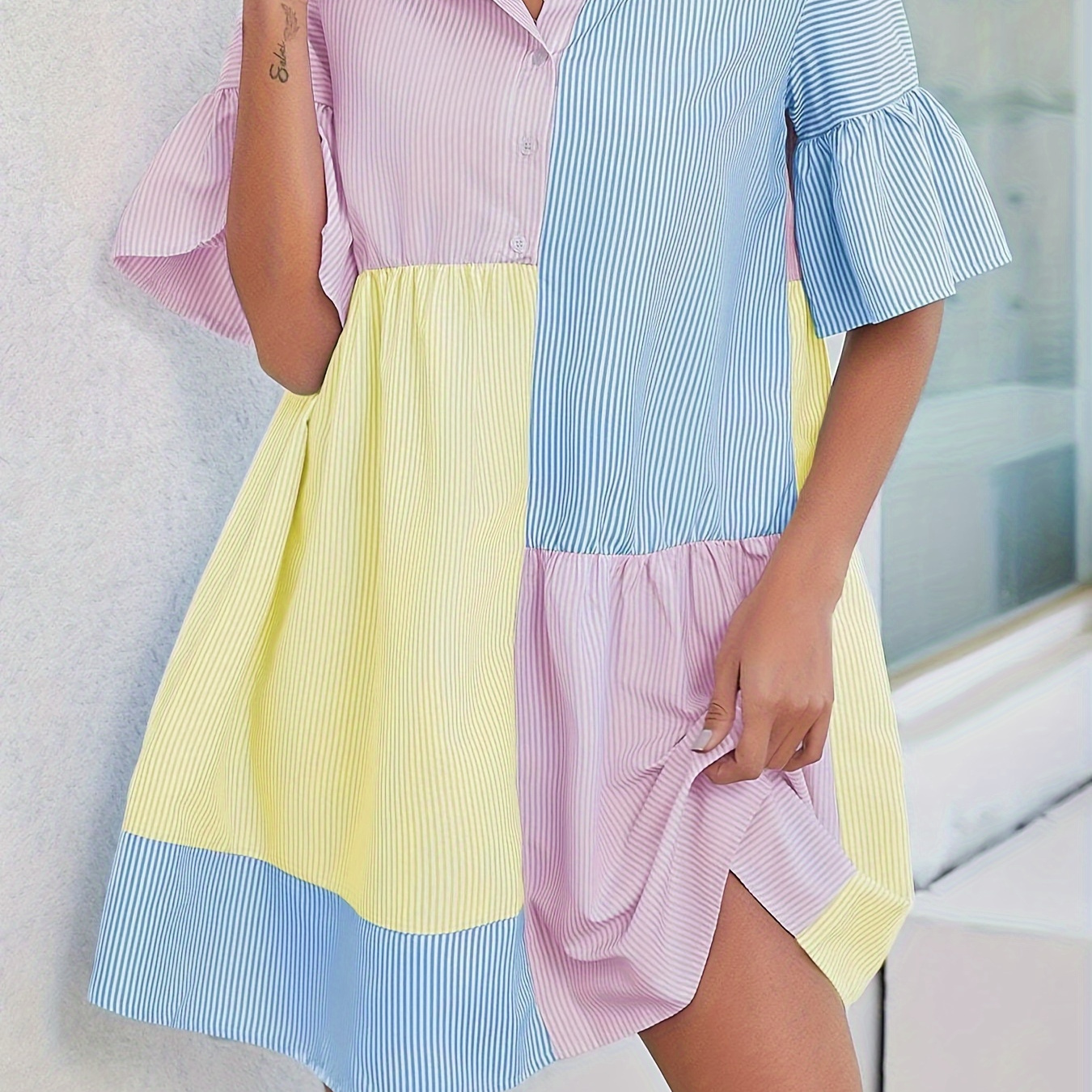 

Color Block Striped Shirt Dress, Casual Flounce Sleeve Button Front Dress For Spring & Summer, Women's Clothing