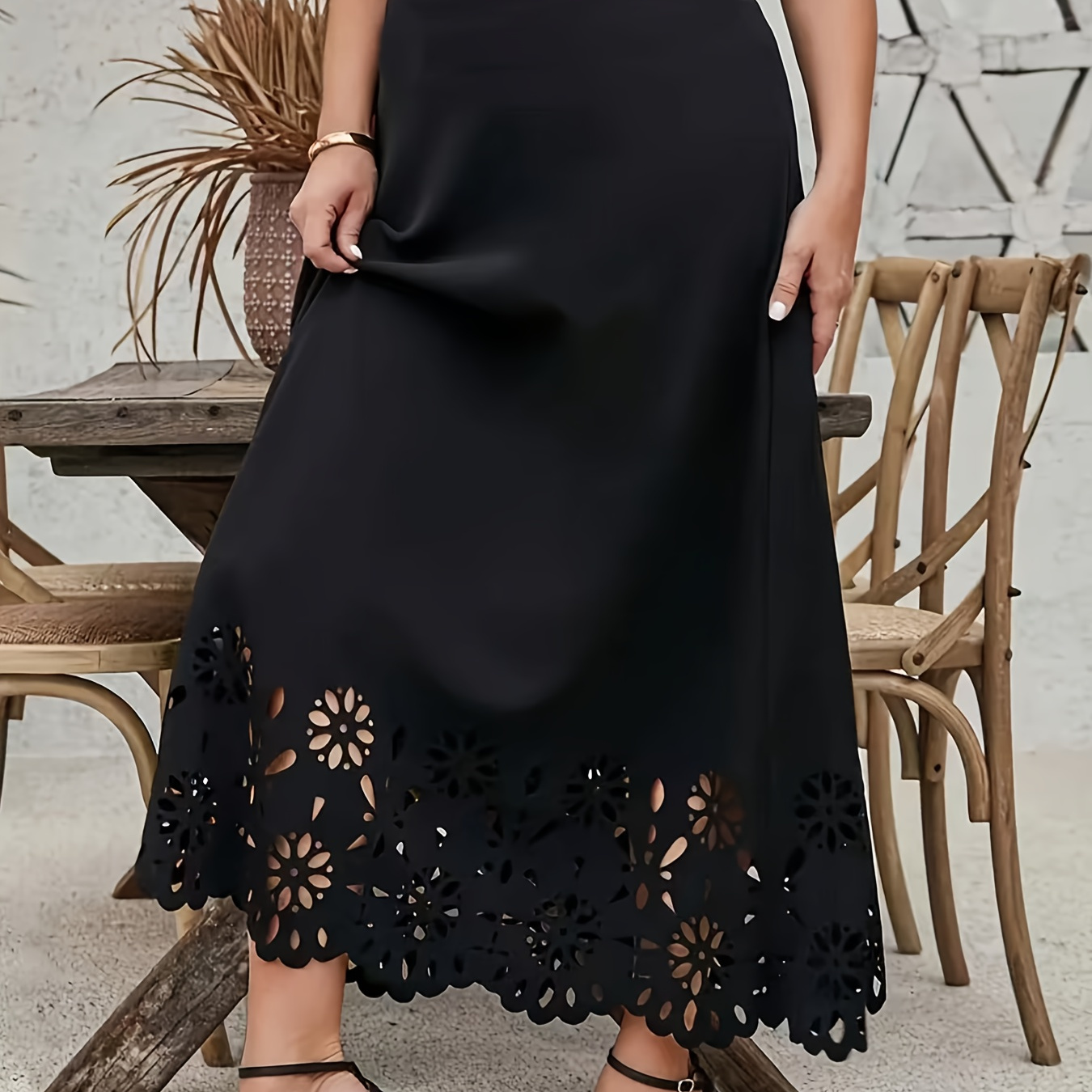 

Elegant Women's High-waist Midi Skirt With Floral Lace Detail - Black, Hollow , Wear, Photoshoots, Wear|highwaist Skirt|elastane