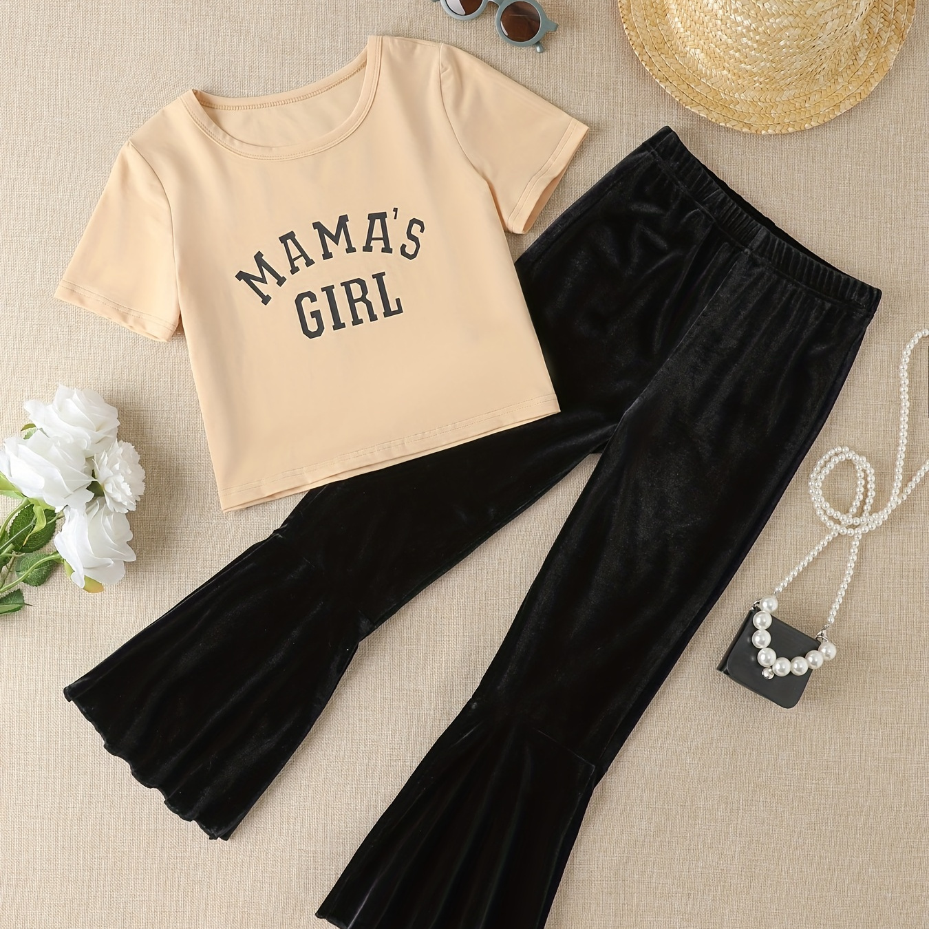 

Girls 2pcs Mama's Girl Print Short Sleeve Top + Flare Pants Set Spring Summer Fall Party Gift