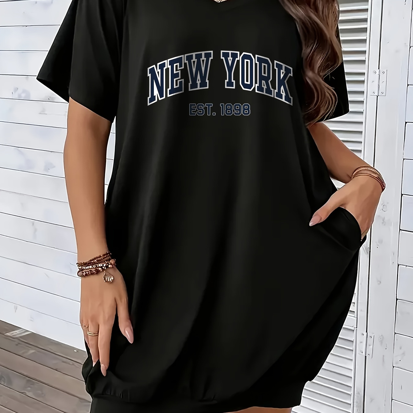 

Robe t-shirt imprimée New York grande taille, robe décontractée à col en V et manches courtes pour le printemps et l'été, vêtements grande taille pour femmes