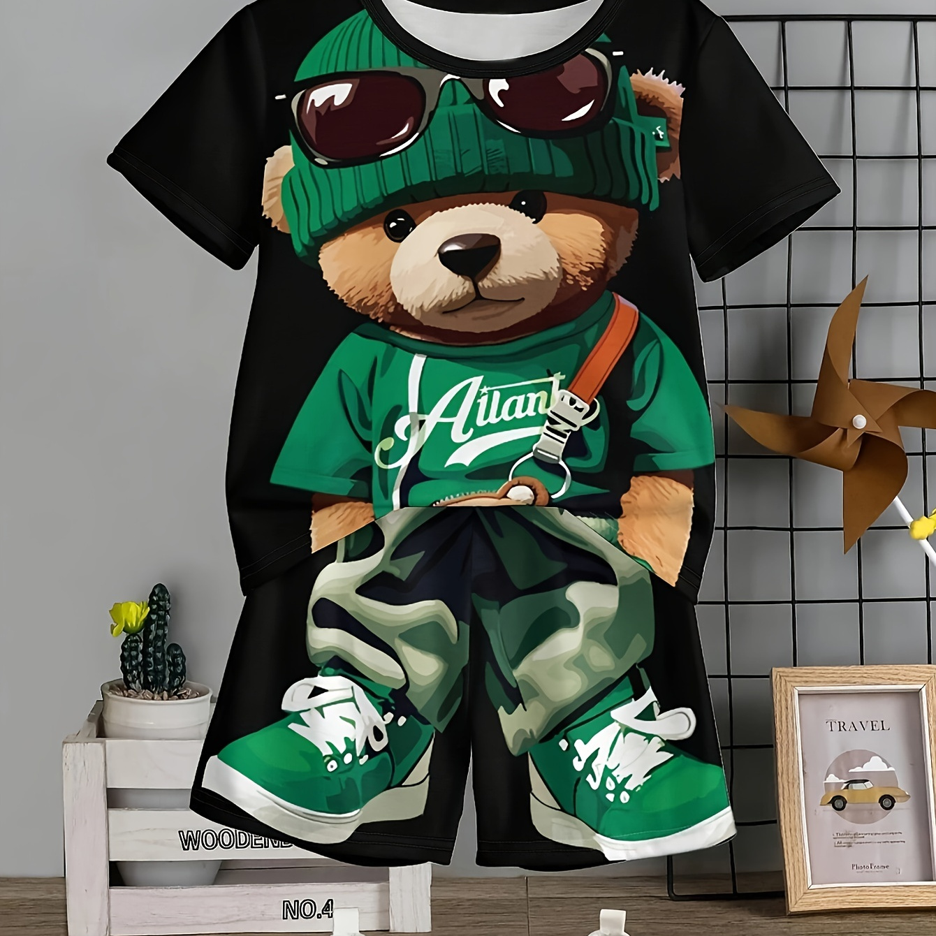 TEMU Boy's 2-piece Casual Co Ord Set, Cool Bear Print Versatile Short Sleeve Tee And Shorts, Comfy Summer Clothes