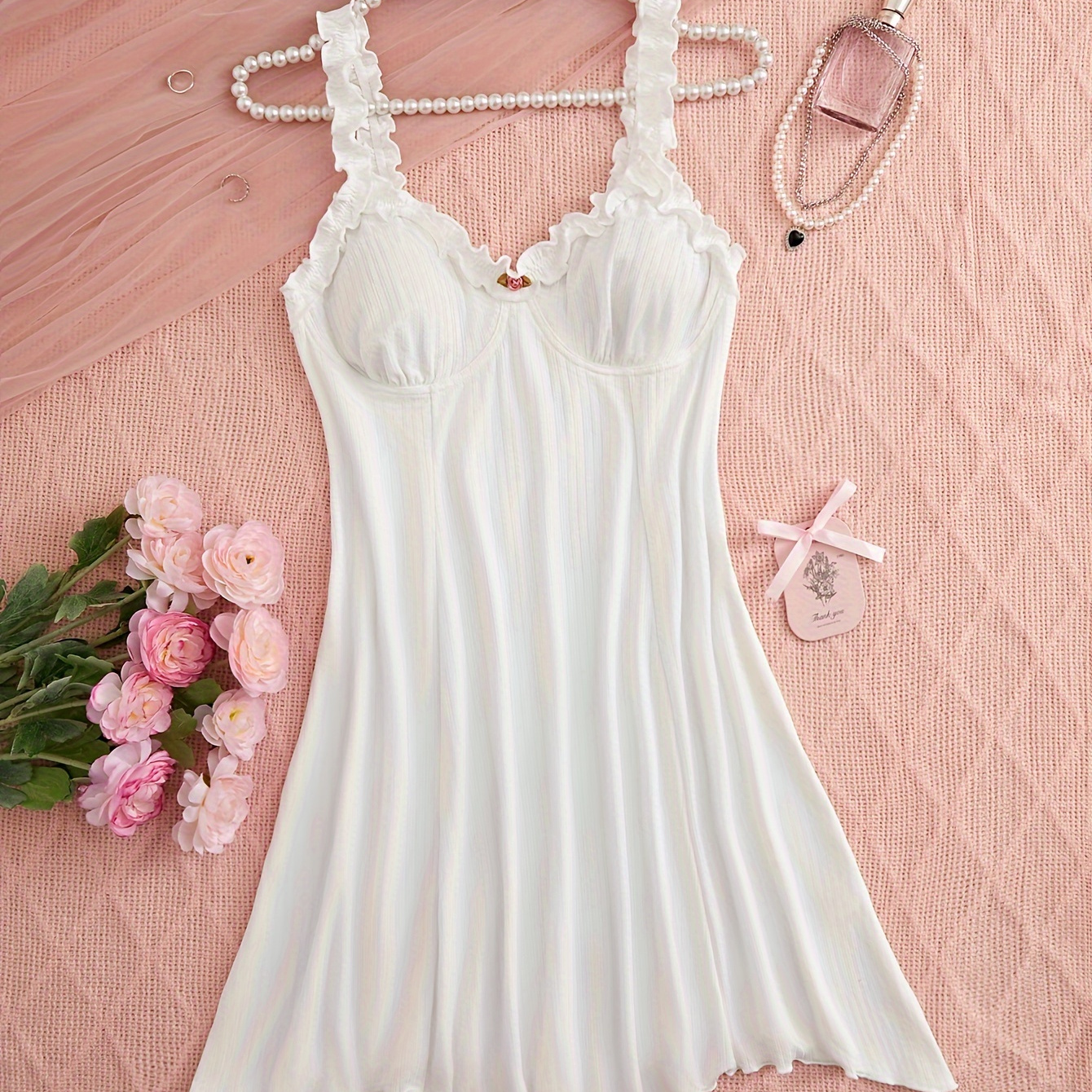

Elegant Solid Ribbed Frill Trim Nightgown, Sweetheart Neck Backless Asymmetric Hem Slip Dress, Women's Sleepwear
