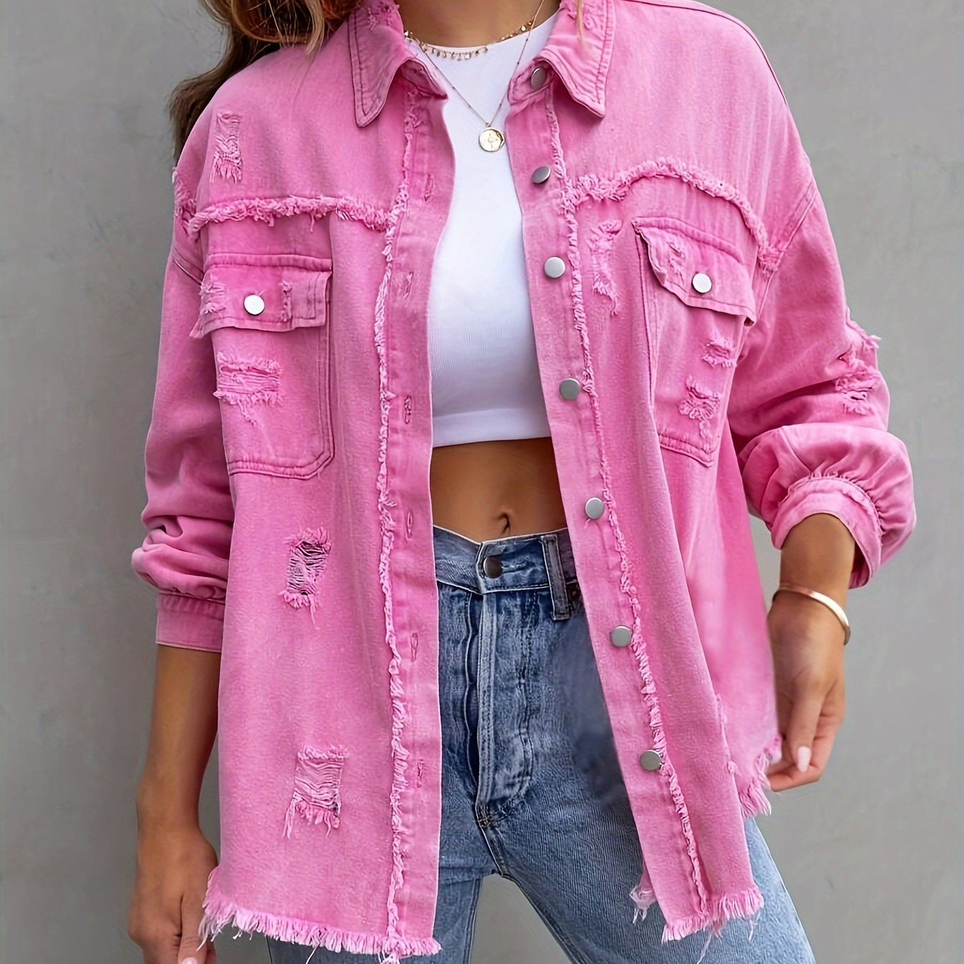 

Elegant Women's Denim Shirt - Distressed Copper, Long Sleeve, Loose Fit With Pockets, Machine Washable