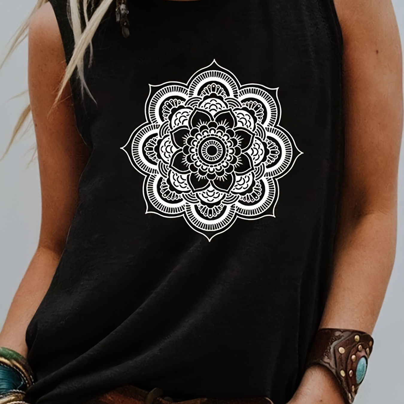 

Lotus Print Tank Top, Sleeveless Casual Top For Summer & Spring, Women's Clothing