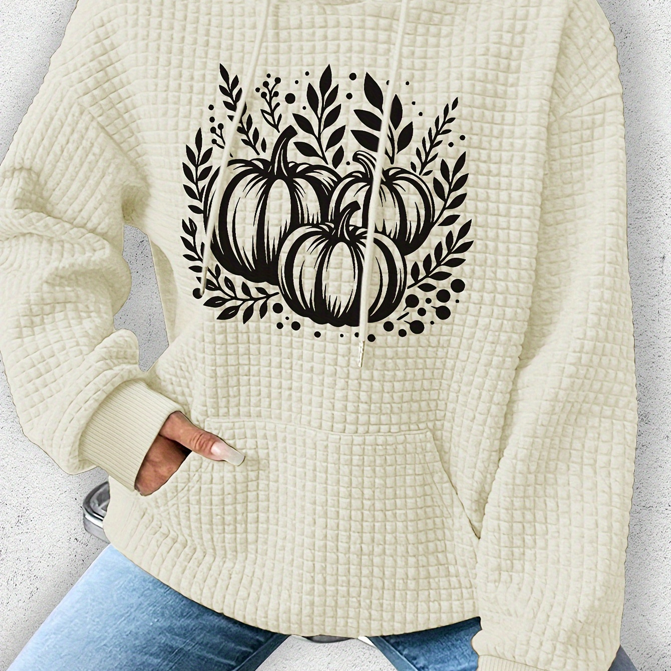 

Women's Casual Waffle-knit Hoodie With Pumpkin Print - Cozy Polyester & Spandex Blend, Machine Washable, Perfect For Fall/winter