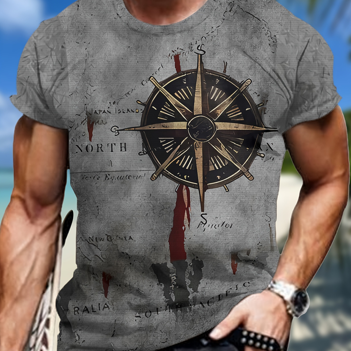 

Men's Breathable 3d Print T-shirt - Summer Casual, Sporty & Stylish With Compass Design, Crew Neck, Short Sleeve