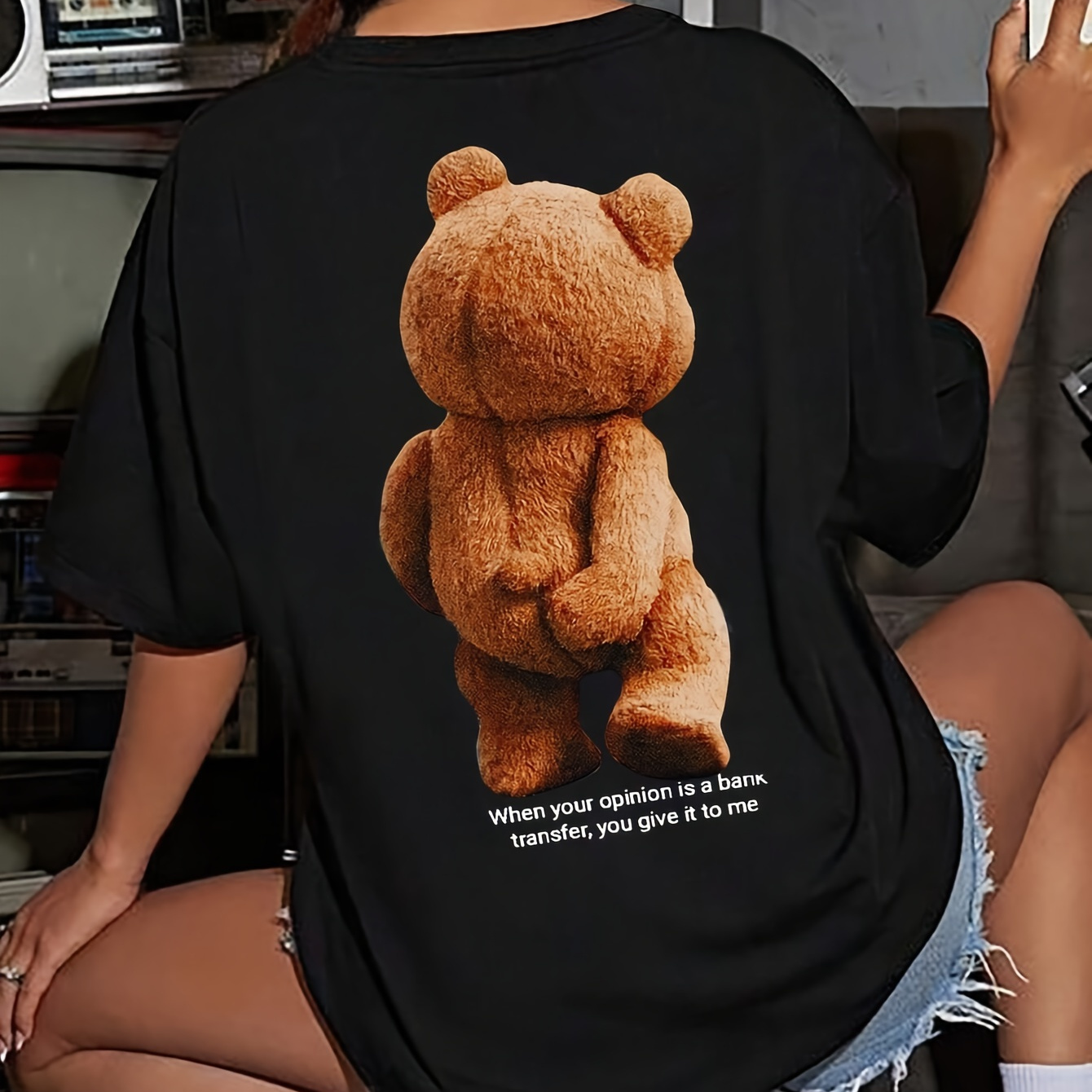 

Oversized Teddy Bear Print Crew Neck T-shirt, Casual Short Sleeve T-shirt For Spring & Summer, Women's Clothing