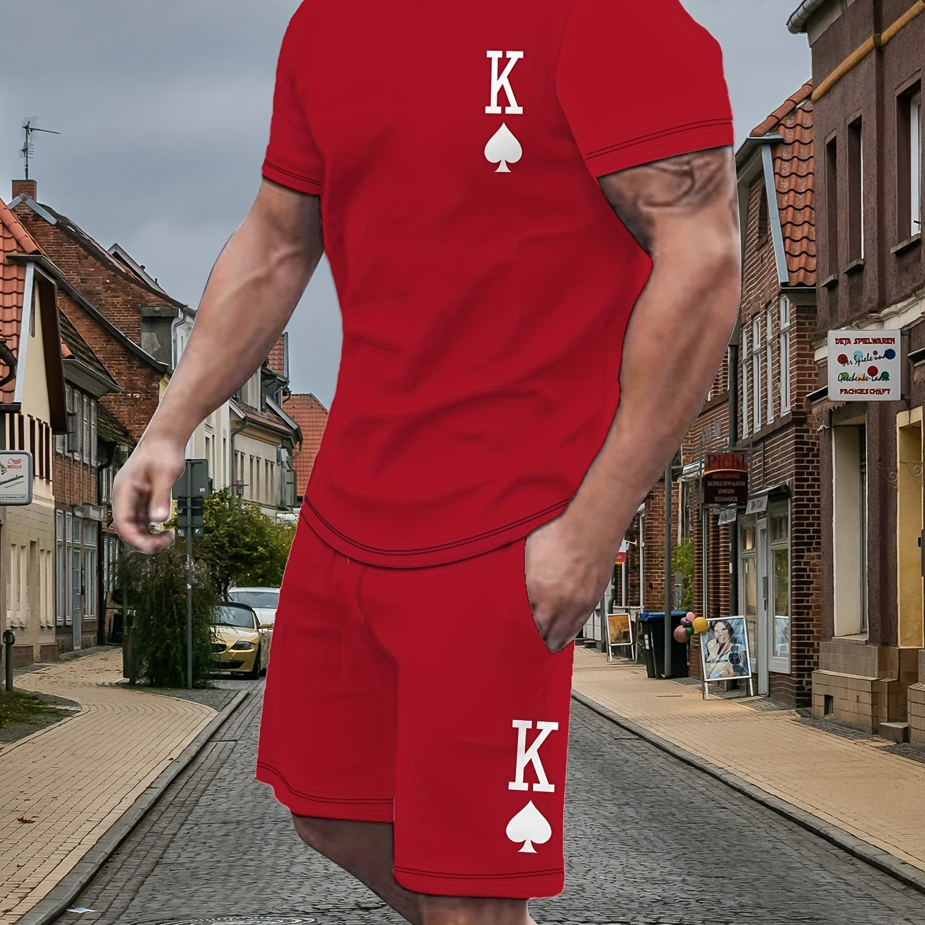 

Men's Outfit, K Graphic Print Casual Crew Neck Short Sleeve T-shirt & Shorts 2-piece Set For Summer Outdoor Activities