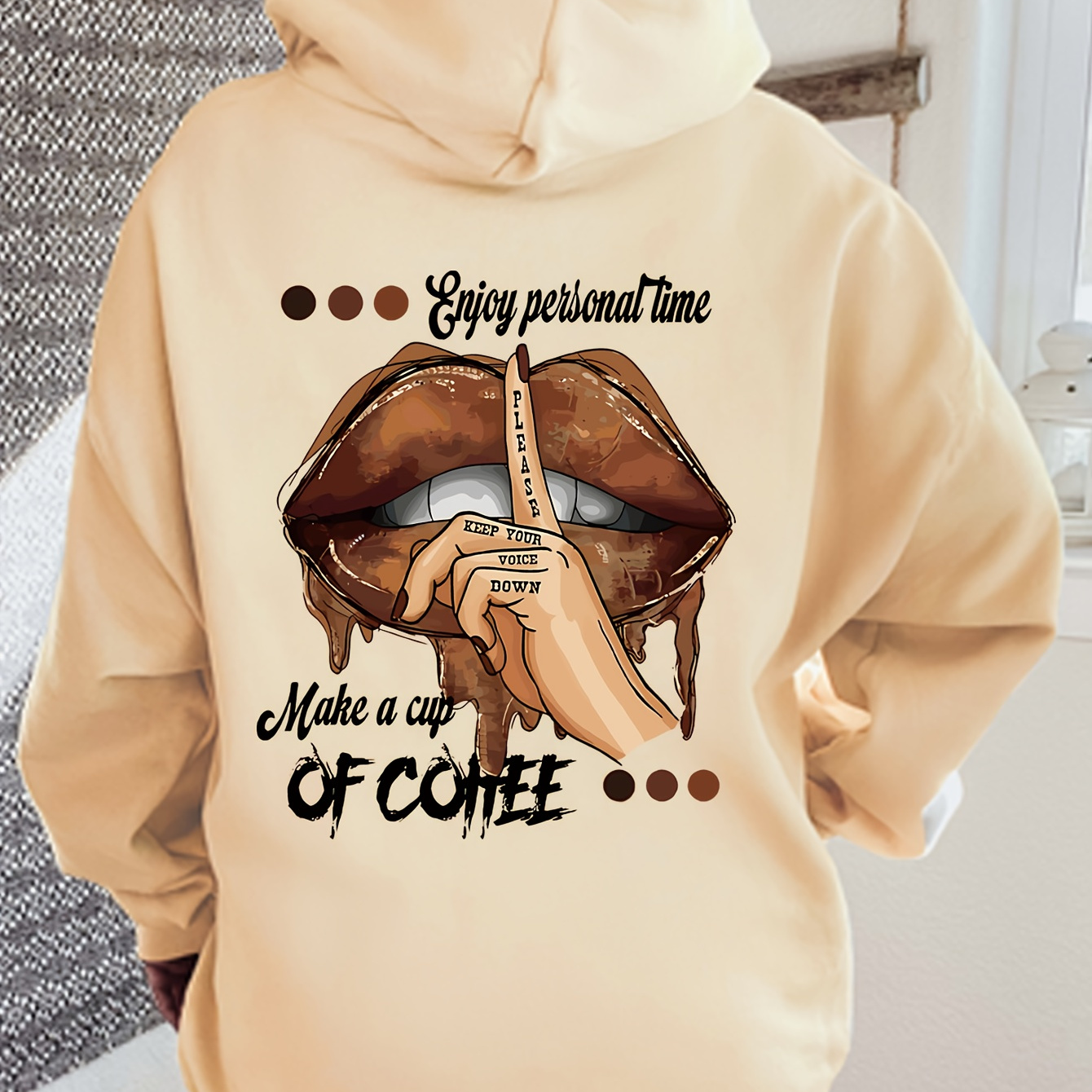 

1pc Women's Casual Polyester Hoodie With Double-sided Lip And Letter Print, Knit Fabric, Hooded Sweatshirt With Alphabet Pattern