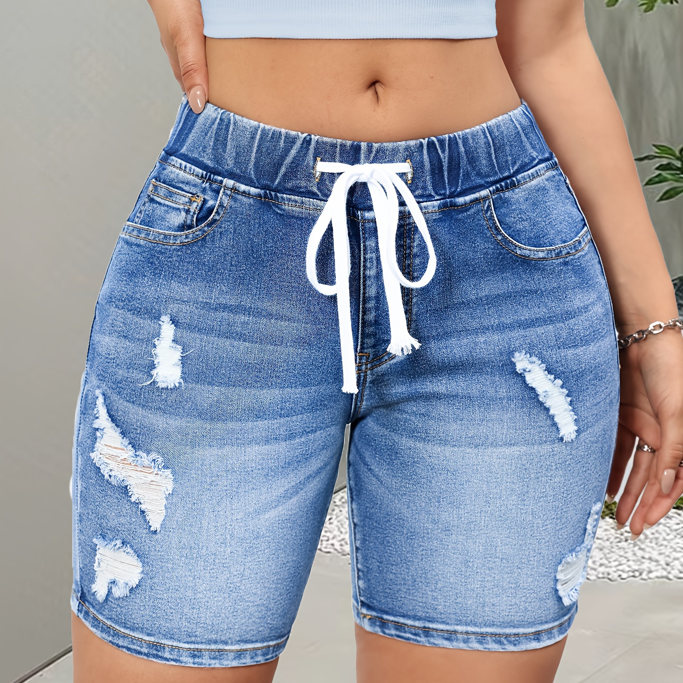 

Women's Casual Blue Elastic Waist Ripped Whiskering Plain Washed Denim Shorts With Drawstring