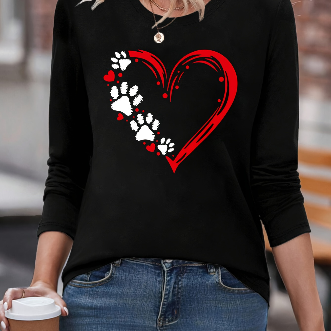 

Chic Heart & Paw Print Long Sleeve T-shirt - Cotton, Crew Neck, Casual Top For Women - Perfect For Spring & Fall