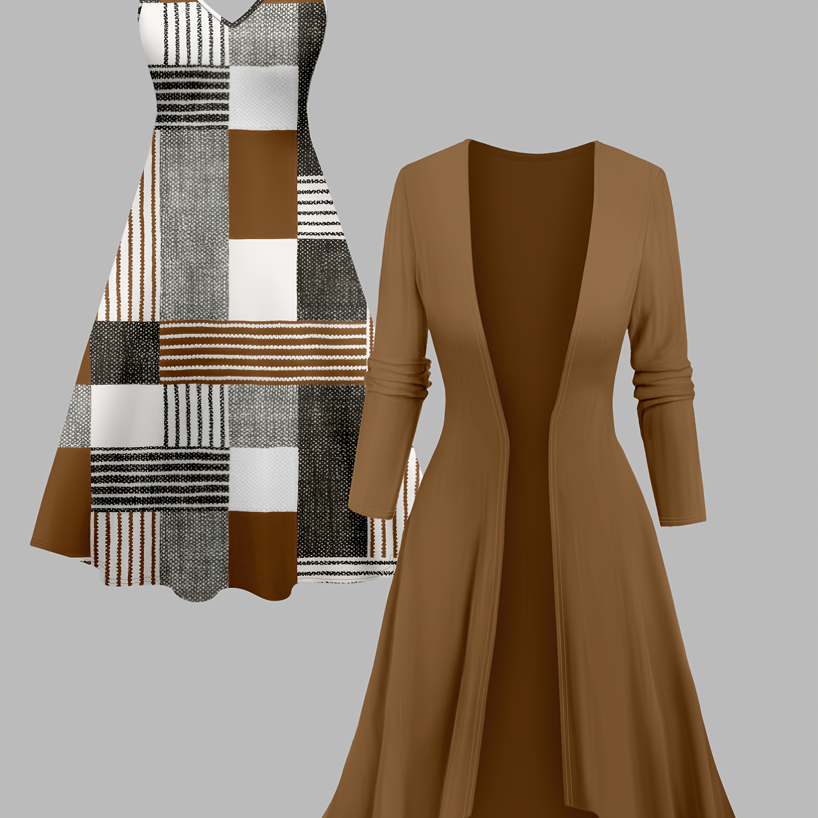 

A Stylish And Simple Printed Dress For Women With A Solid Long Coat, An Elegant Two-piece Set.