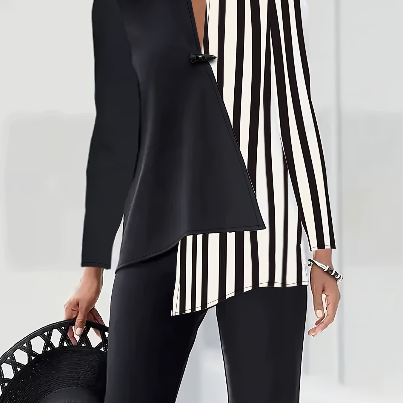 

Plus Size Elegant Blouse, Women's Plus Colorblock Striped Print Long Sleeve Horn Button Decor Notched Shirt Top