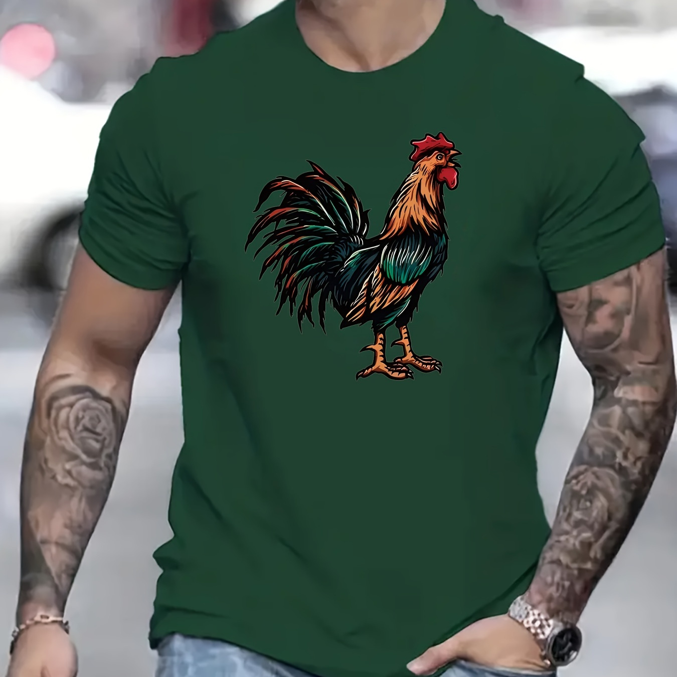 

Rooster Print Men's Casual T-shirt, Short Sleeve Tee Tops, Summer Outdoor Sports Clothing