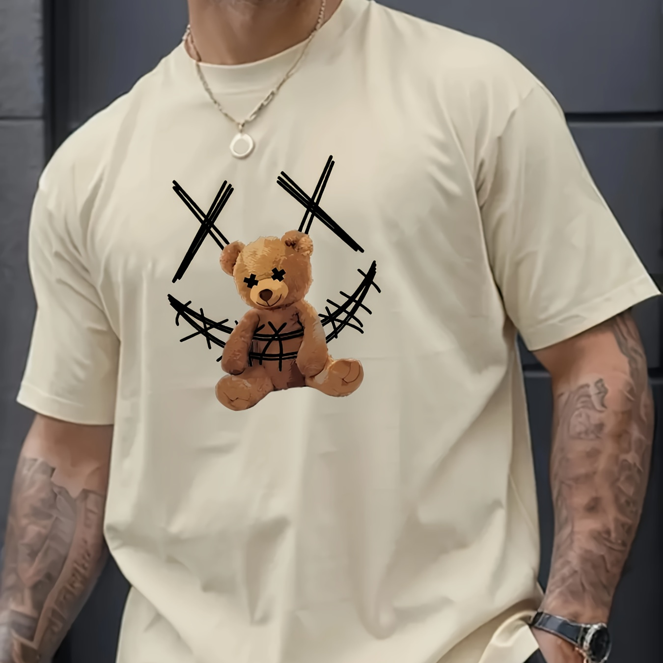 

Men's Fashion Trend Pure Cotton Round Neck Casual Printed Bear T-shirt