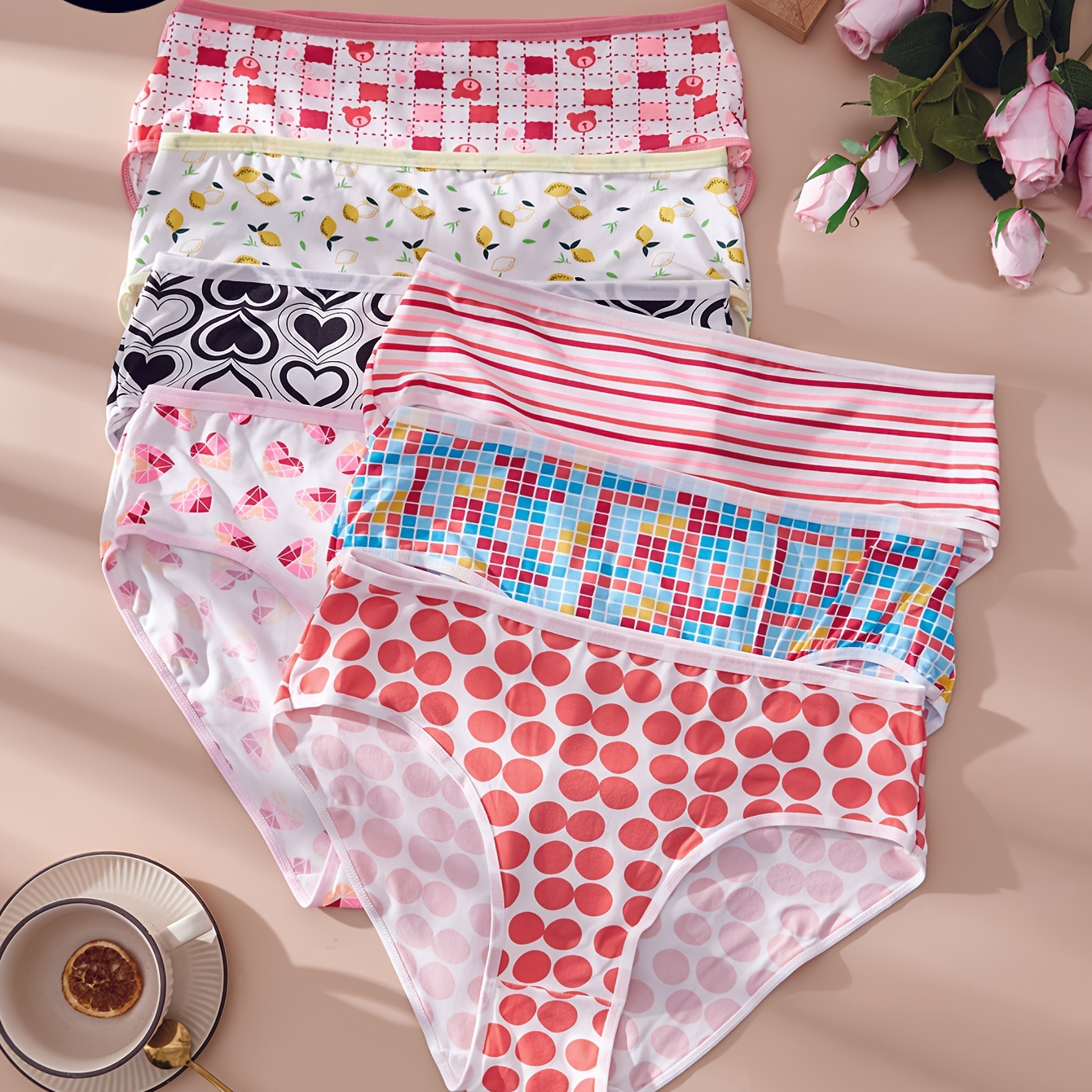 

Aprsea 7pcs Plus Size Women's Underwear Set - Cute High Waist Printed Panties, Breathable Polyester Knit, Fit, Assorted Patterns, Casual Weekly Panties