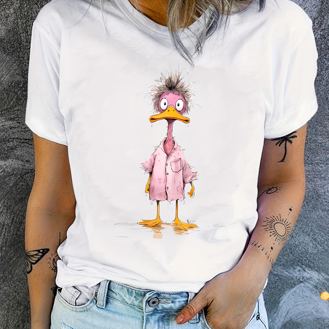 

Cartoon Duck Print T-shirt, Casual Crew Neck Short Sleeve Top For Spring & Summer, Women's Clothing