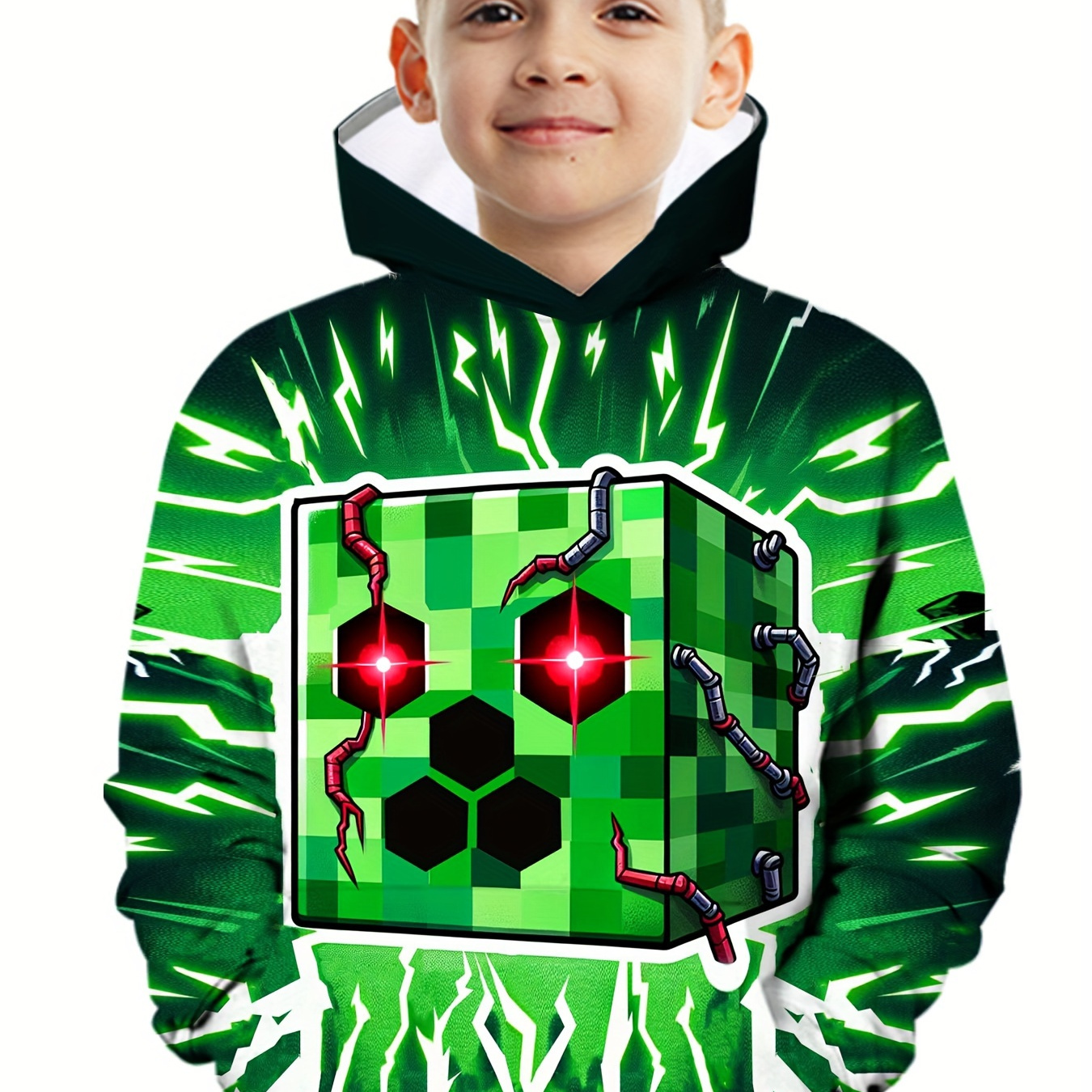 

Lightning And Building Blocks 3d Print Hoodies For Boys - Casual Graphic Design With Stretch Fabric For Comfortable Spring/autumn Wear