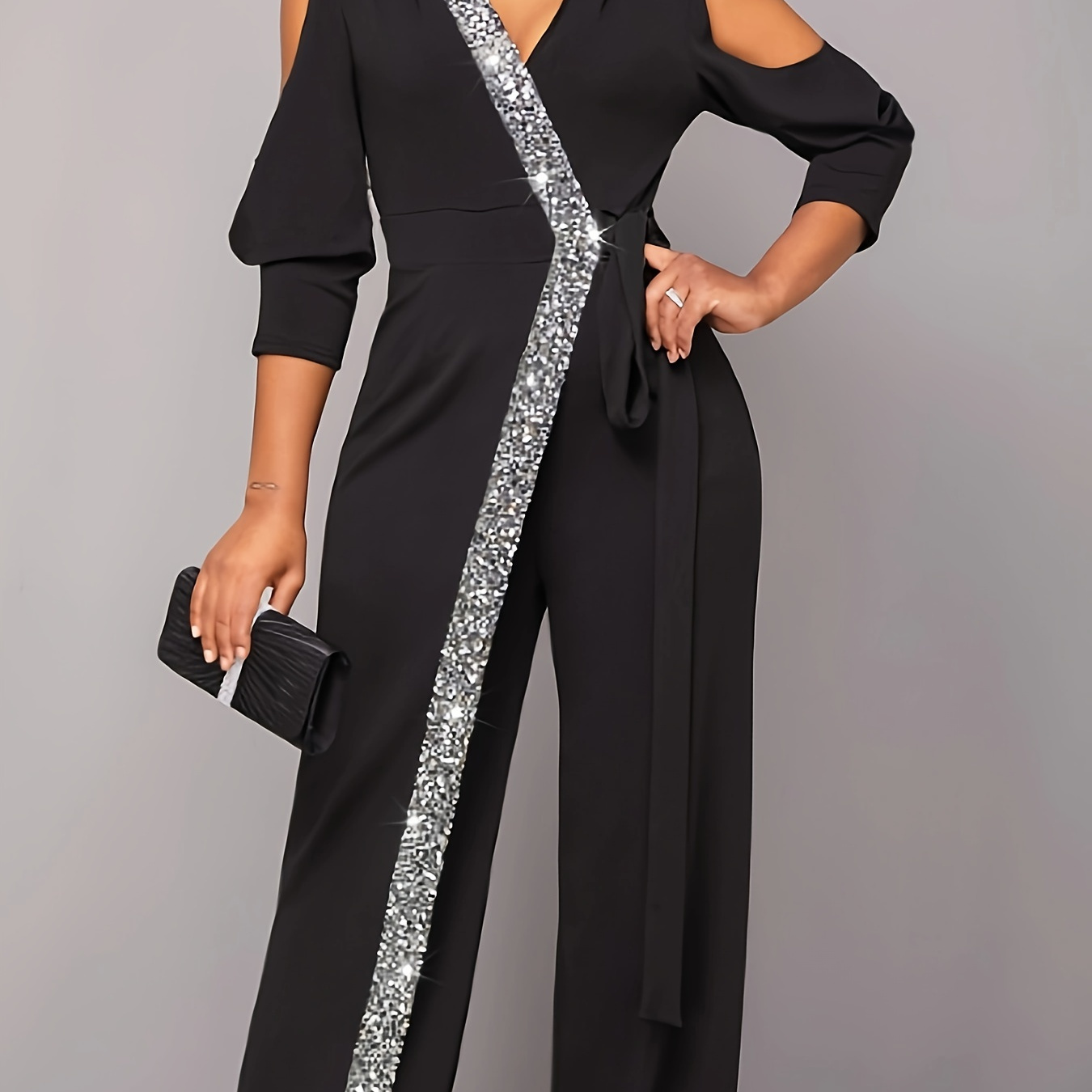 

Women's Solid Color Off Shoulder Bow Waistband Design Fashionable Jumpsuit