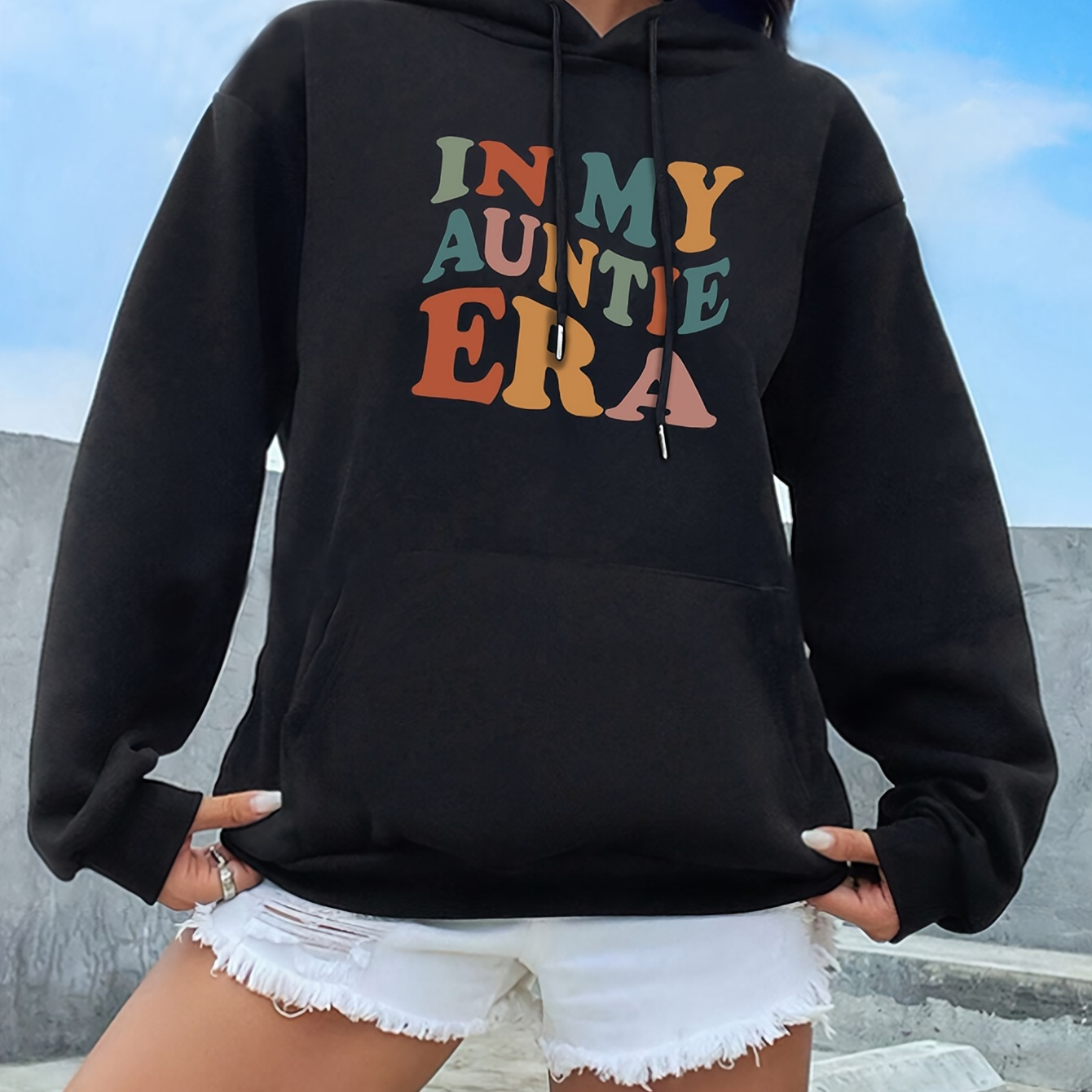 

In My Auntie Era Print Hoodie, Casual Kangaroo Pocket Long Sleeve Drawstring Hooded Sweatshirt, Women's Clothing