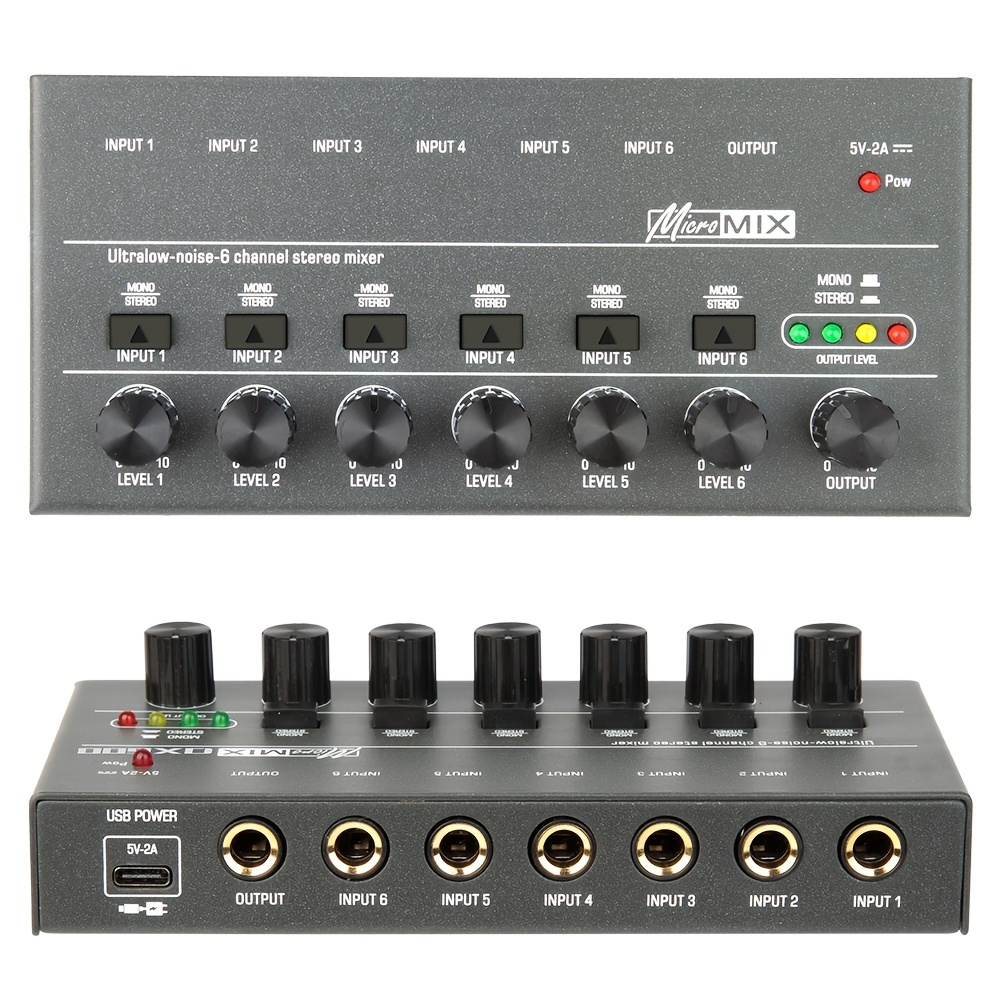 Depusheng DX600 Audio Mixer Line Mixer, DC 5V, 6/4-Stereo Ultra, Low-Noise  6/4-Channel For Sub-Mixing, Ideal For Small Clubs Or Bars, As Guitars, Bass