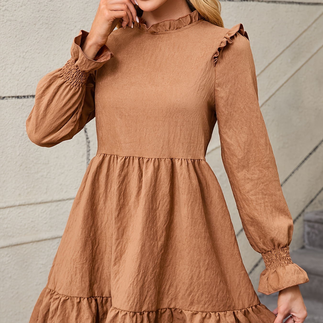 

Trim Sleeve Ruffle Hem Smock Dress