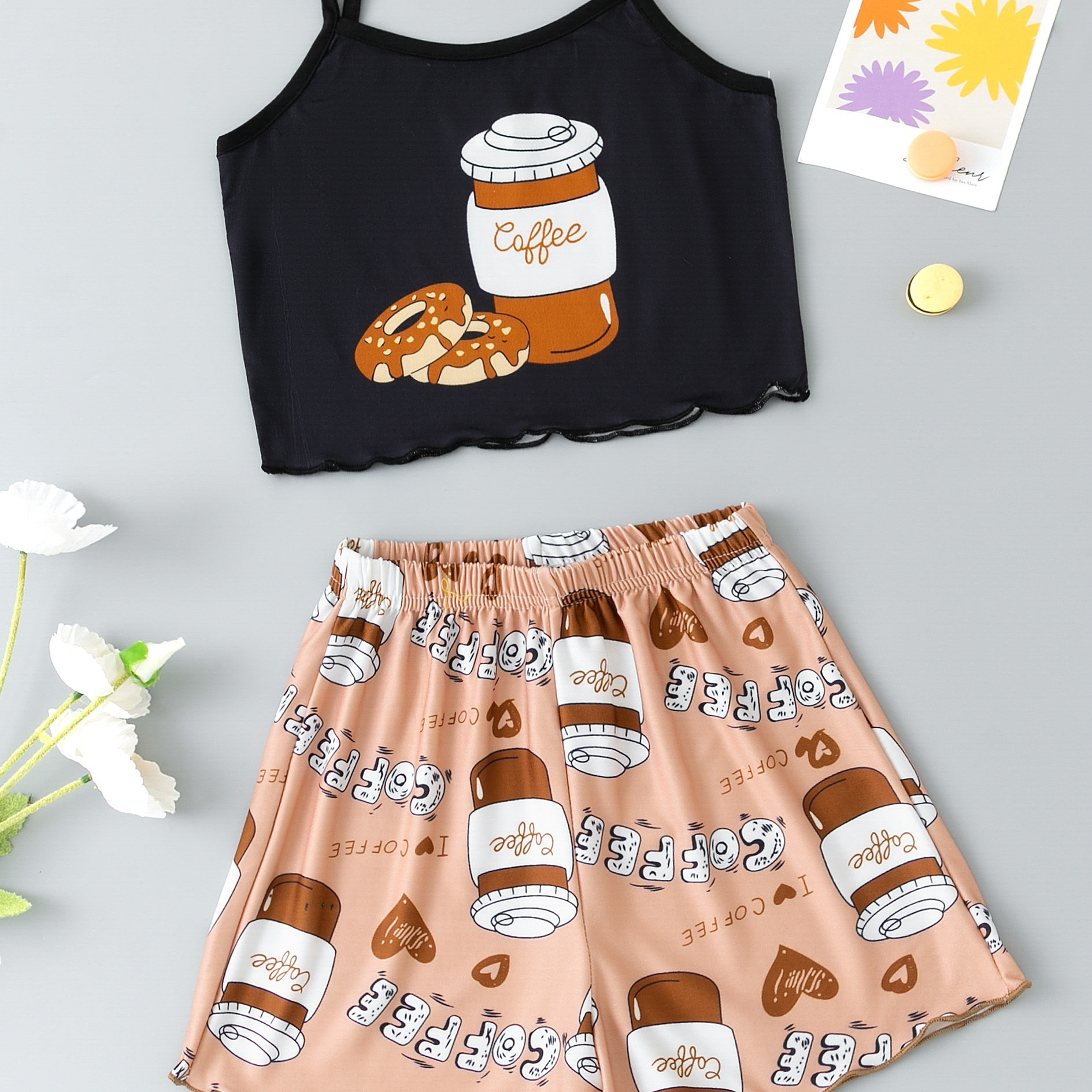 

2 Pcs Girls Cute Pajama Sets, Sweet Donut Coffee Print Suspenders & Shorts, Comfortable & Cute Style Princess Pajamas For Girls Cozy Loungewear