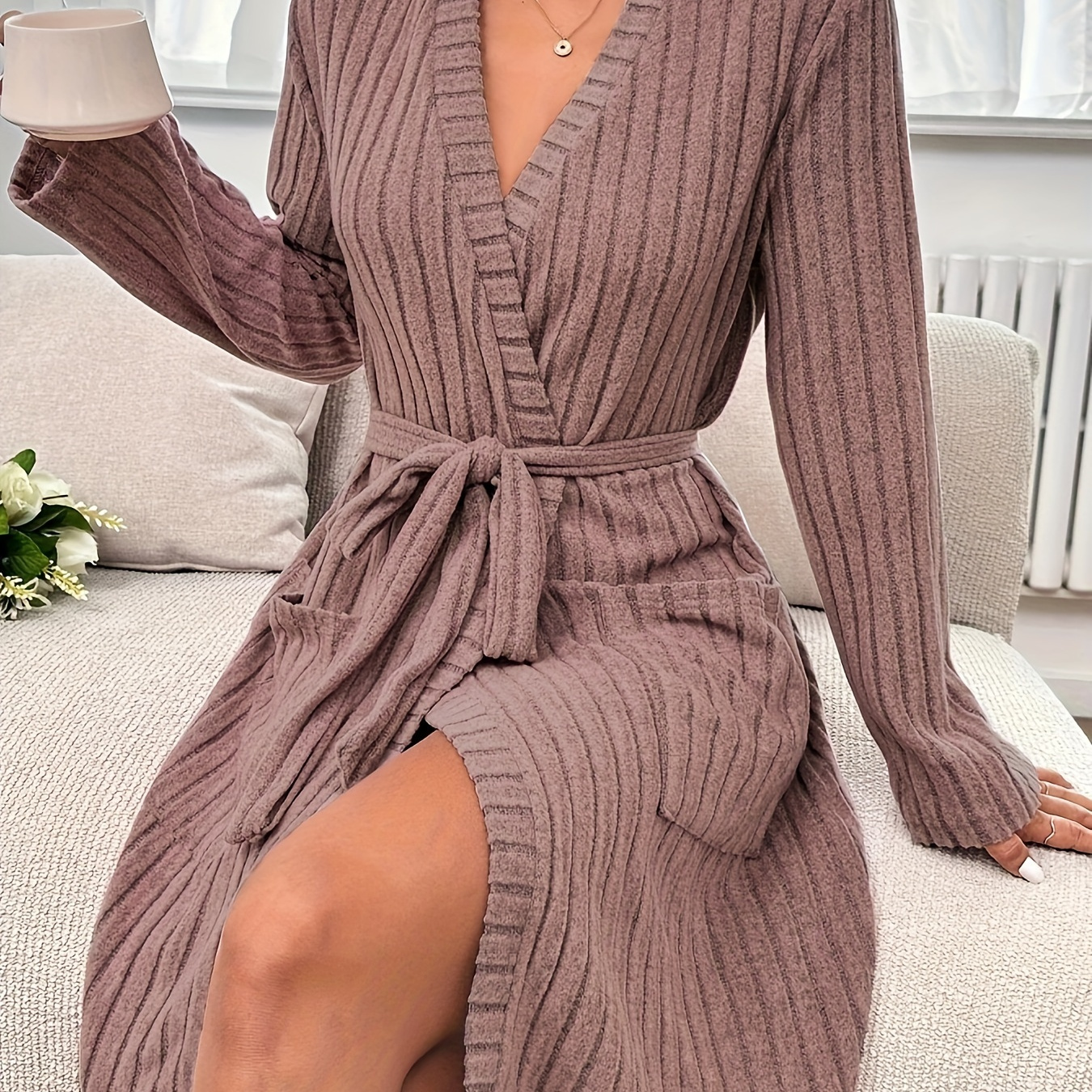 

Casual Solid Ribbed Night Robe For Fall, Long Sleeve V Nek Belted Robe With Pockets, Women's Sleepwear & Dresses