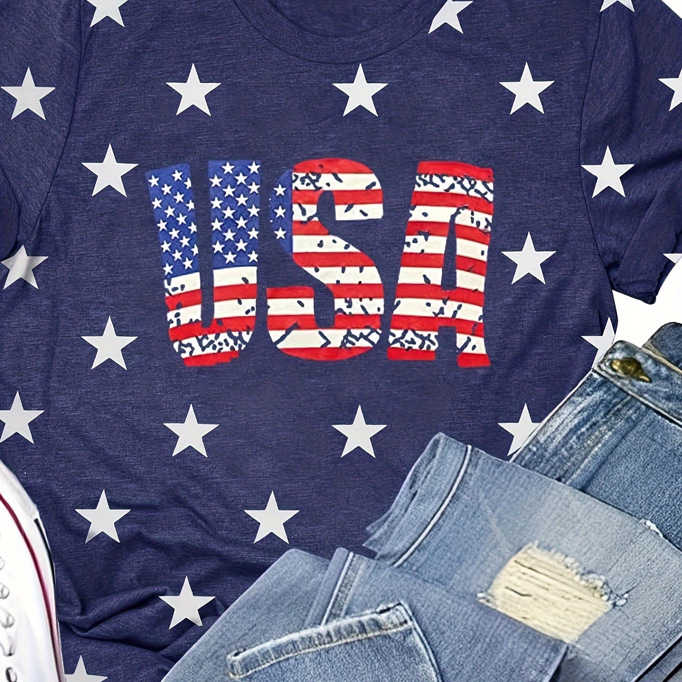 

Usa Neck T-shirt, Casual Short Sleeve Top For , Women's Clothing