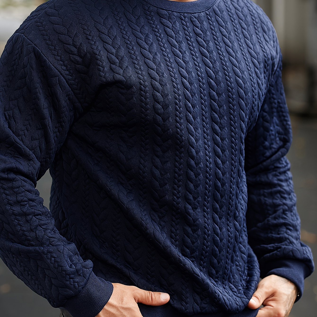 

Men' Knit Sweater - Casual Solid Color, Cable Texture, Long Sleeve, Round Neck Pullover - Machine Washable