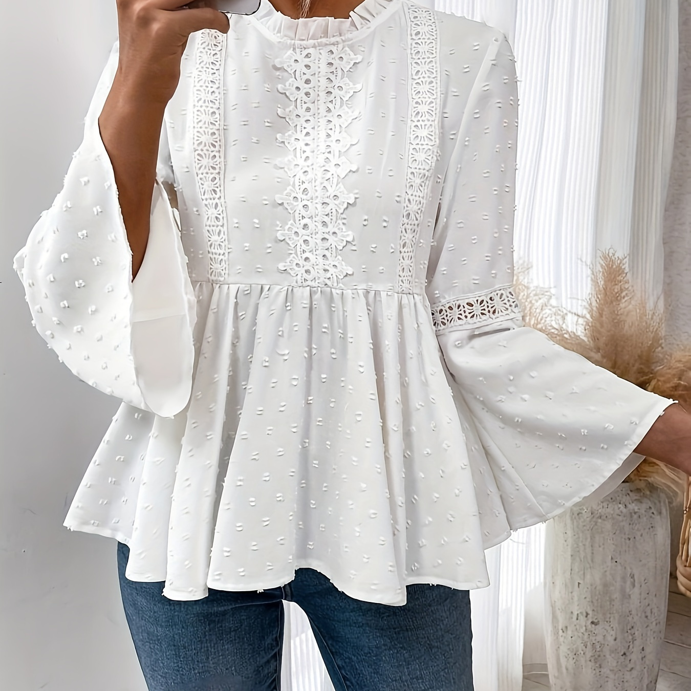 

Swiss Dot Ruffle Trim Aline Blouse, Elegant Lace Splicing Flare Sleeve Blouse For Spring & Fall, Women's Clothing Wedding Holiday Vacation