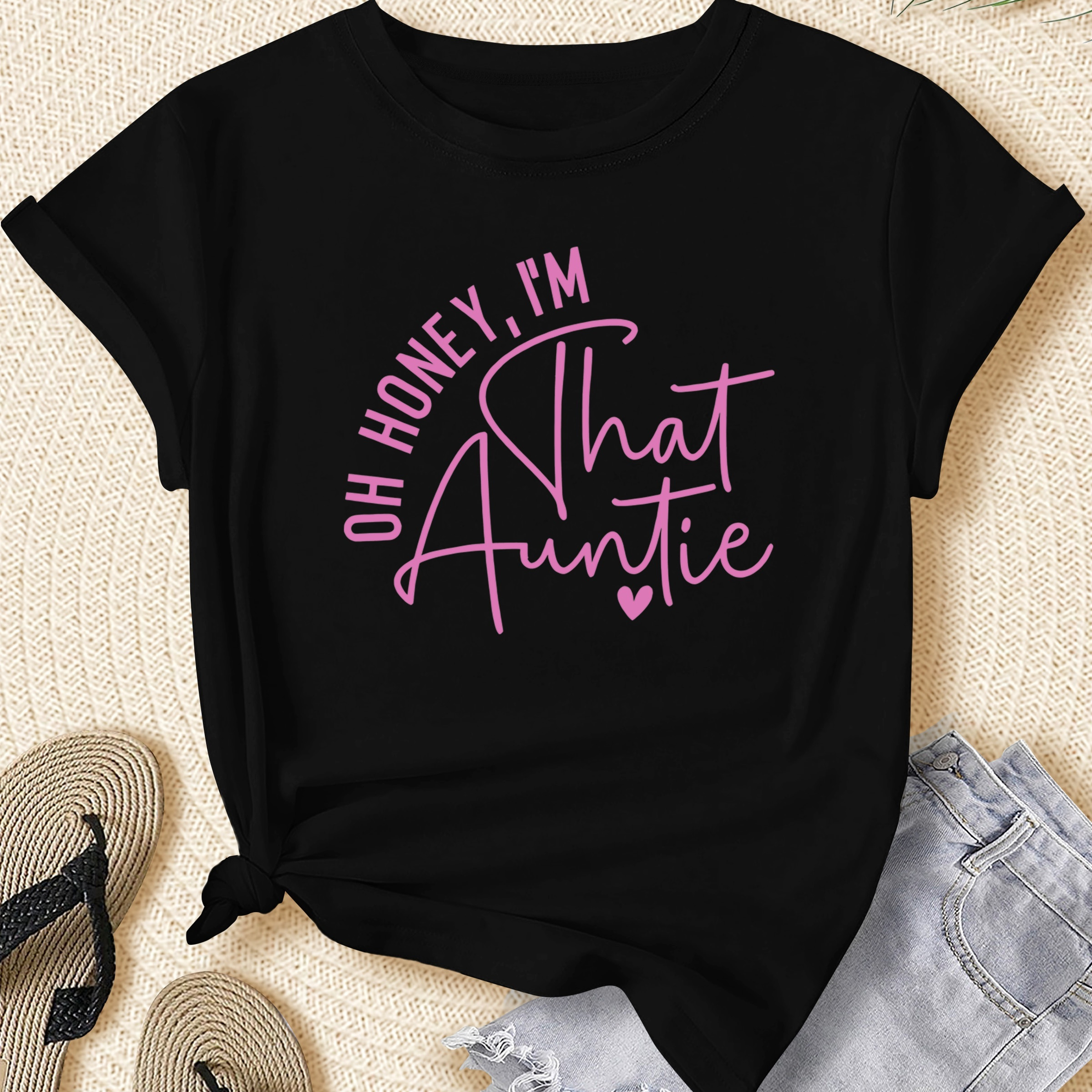 

Women's Plus Size Casual Sporty T-shirt, "oh Honey, I'm That Auntie" Print, Comfort Fit Short Sleeve Tee, Fashion Breathable Casual Top