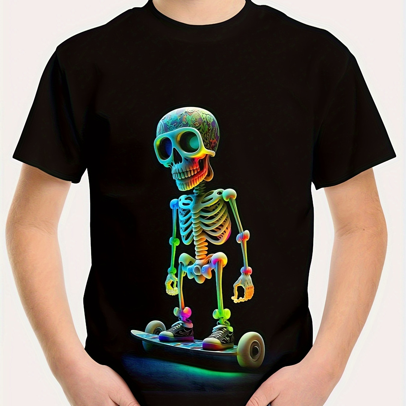 

Skeleton On Skateboard 3d Print Tee Tops, Boy's Round Neck Casual Short Sleeve Comfortable Soft Versatile T-shirt
