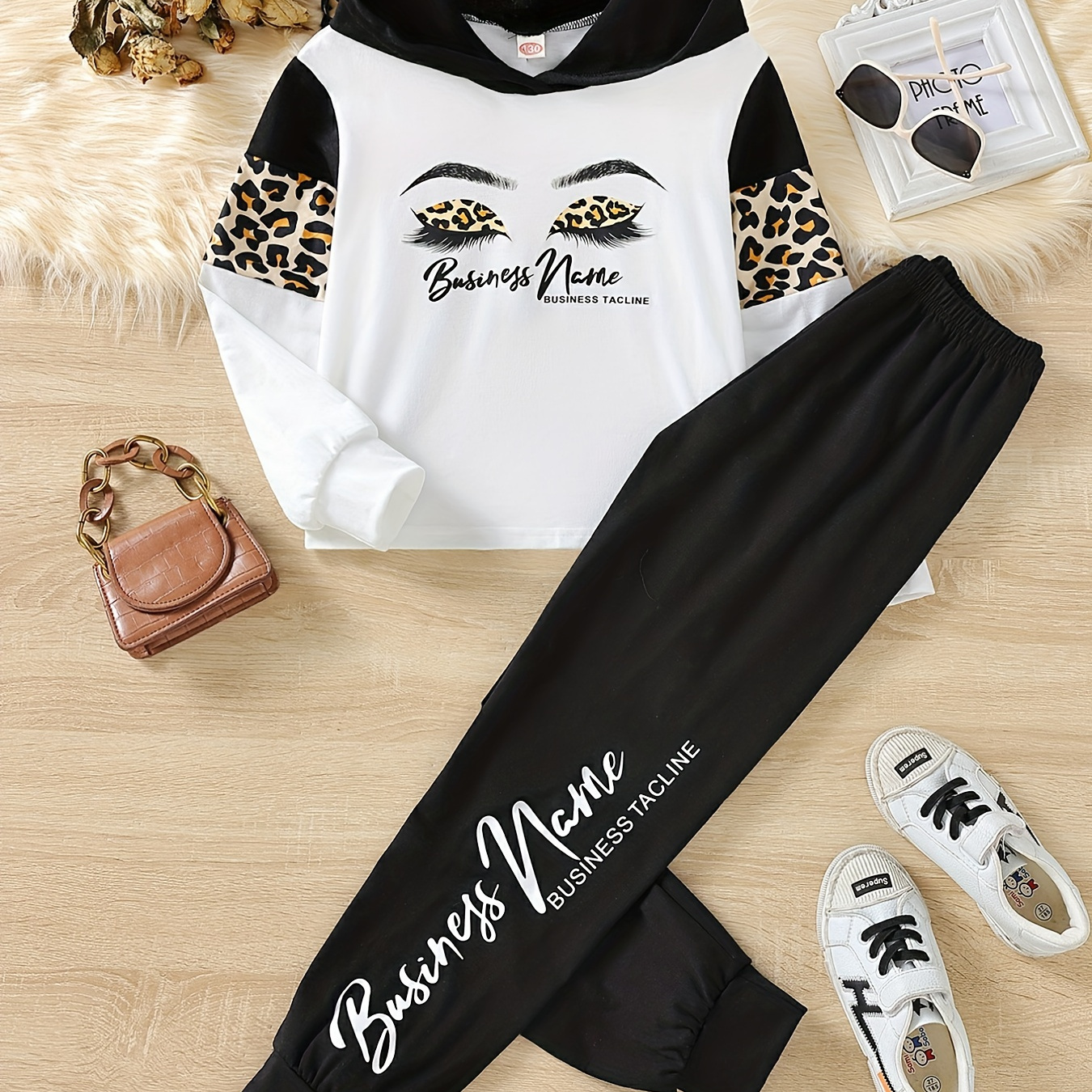 Girls Eyelashes Leopard Print Stitching Long Sleeve Hoodie & Letter Print Trousers 2pcs Kids Clothes