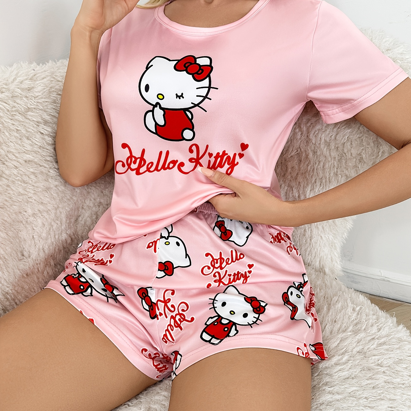 

Sanrio Hello Kitty Women's Pajama Set, Cute Cartoon Pattern, Polyester 95% Elastane 5% Knit Fabric, Crew Neck Short Sleeve And Shorts Sleepwear, Casual Loungewear