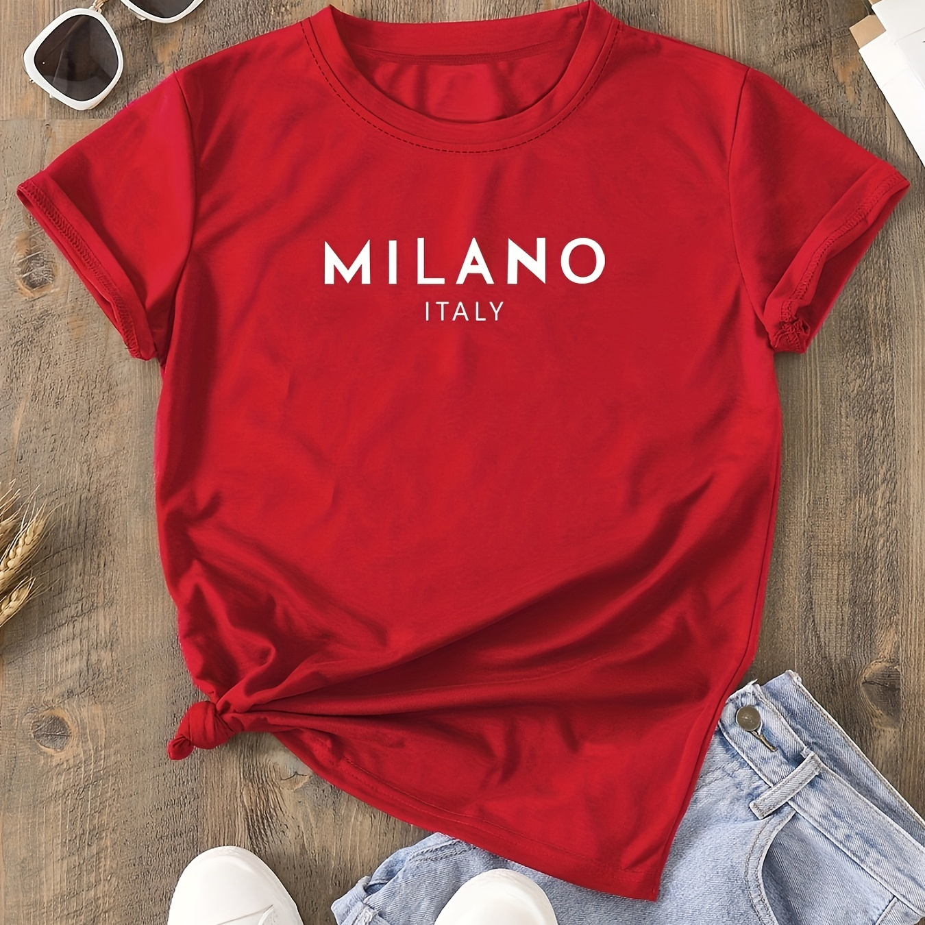 

1pc Women's Casual Round Neck T-shirt, Polyester Knit Fabric, Short Sleeve , With Italy Letter Print, For Regular Length