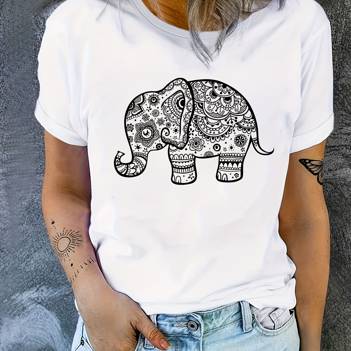 

Elephant Graphic Casual Sports T-shirt, Short Sleeves Comfortable Workout Top, Women's Activewear Graphic