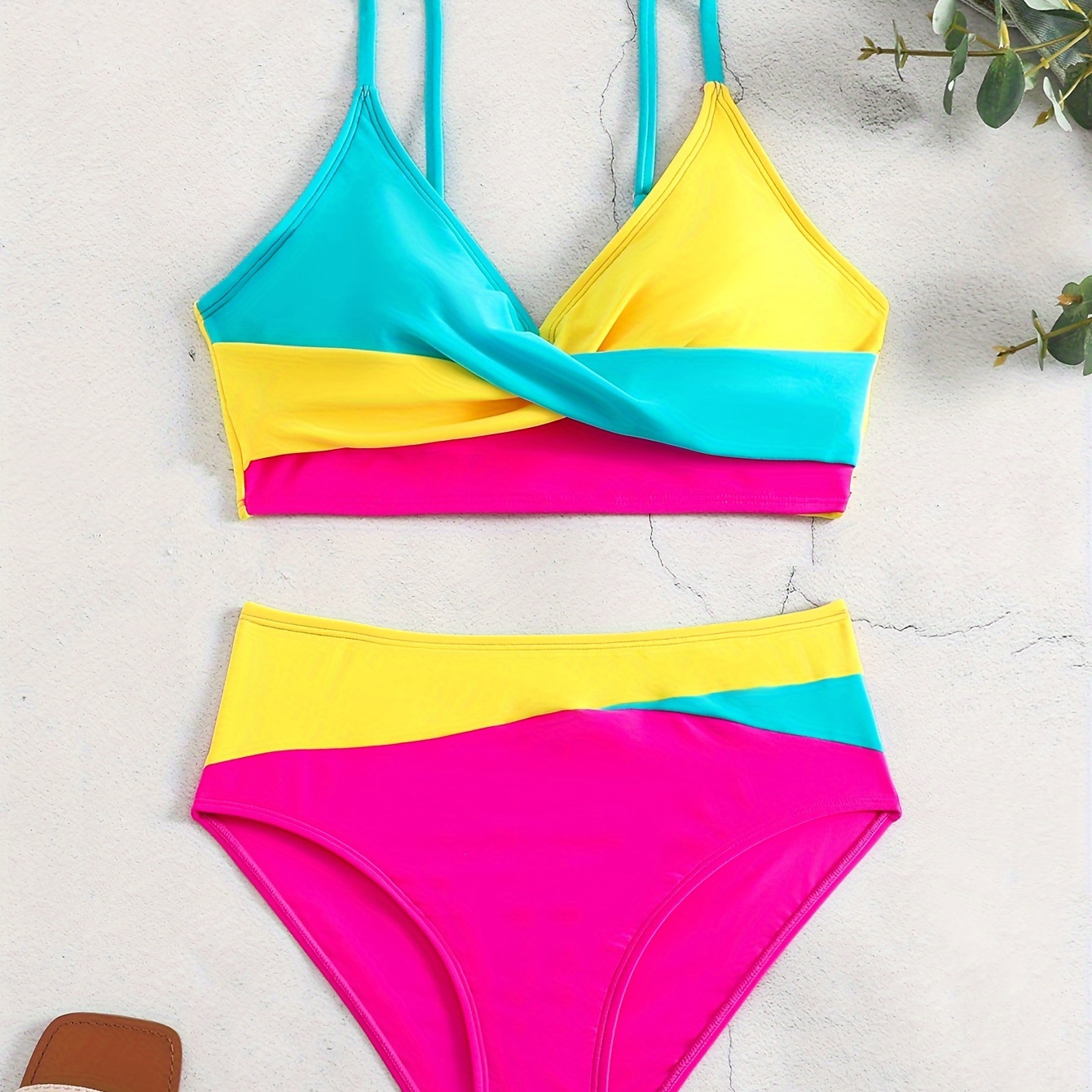 

Women's Two-piece Color Block Swimsuit, Layered V Neck Bikini Top With High Cut Bottoms, Summer Beachwear