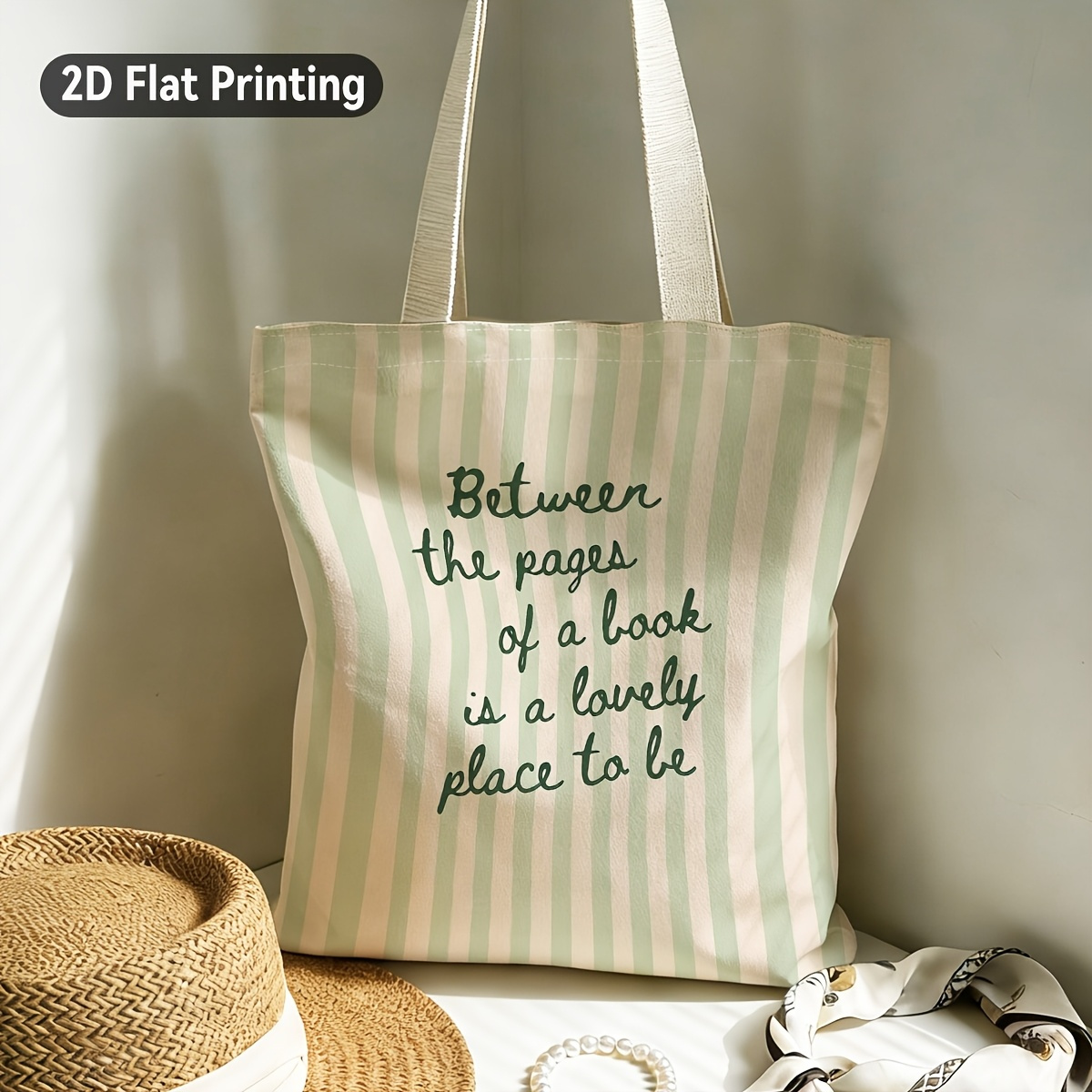 TEMU 1pc Elegant Minimalist Book-themed Tote Bag With Book Quote & Striped - Durable Suitable For Bookstore, Library, Reading Nook, Book Lovers Gift,