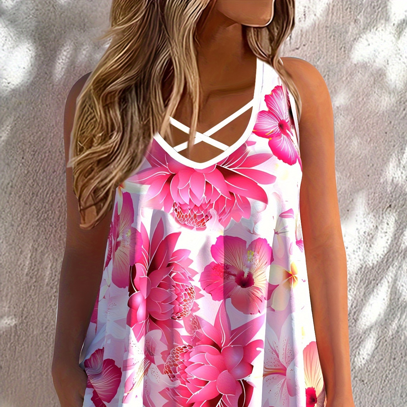 

Plus Size Floral Print Tank Top, Casual Cross Cut Out V Neck Sleeveless Top For Summer, Women's Plus Size clothing