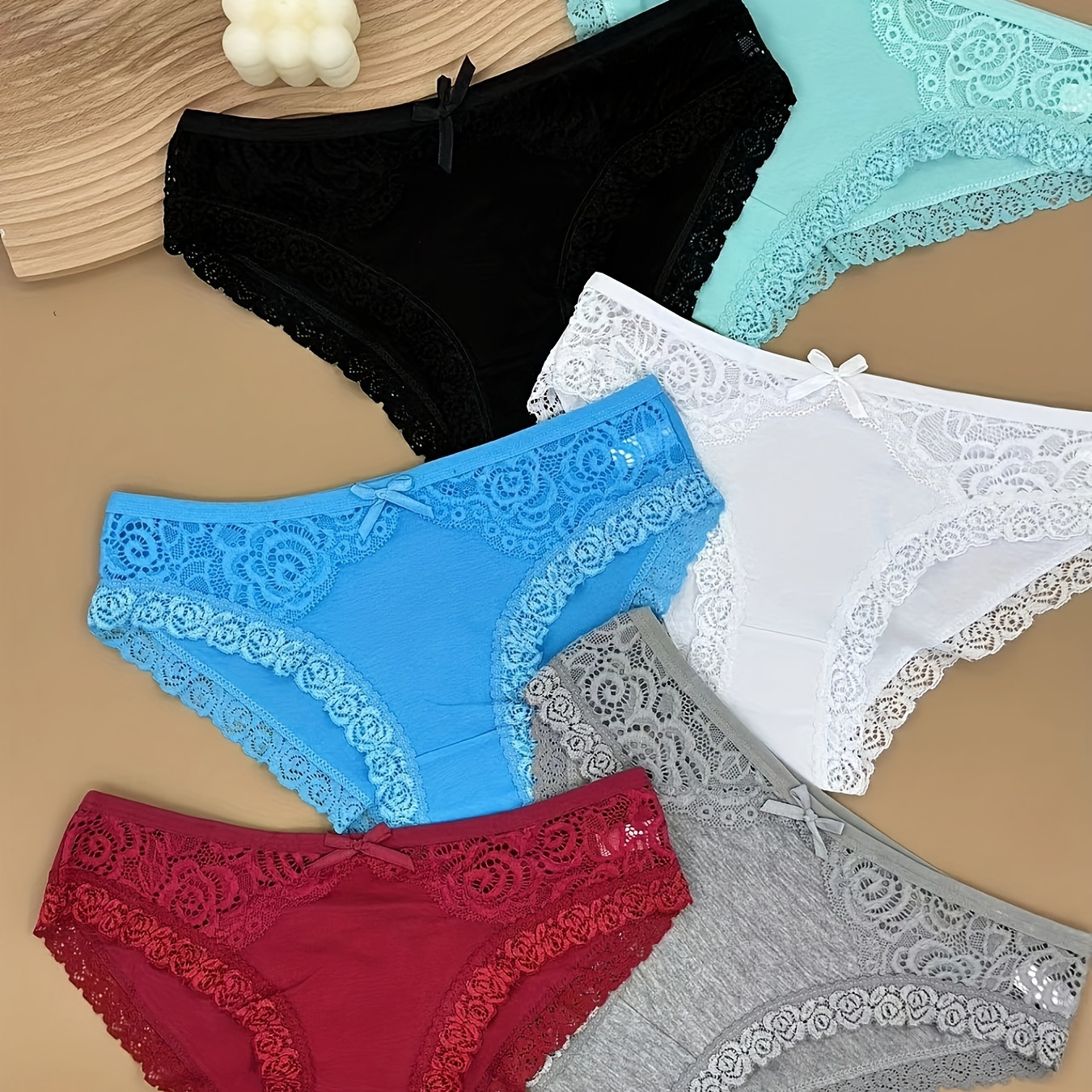 

6pcs Floral Lace Stitching Briefs, Comfy & Breathable Stretchy Intimates Panties, Women's Lingerie & Underwear