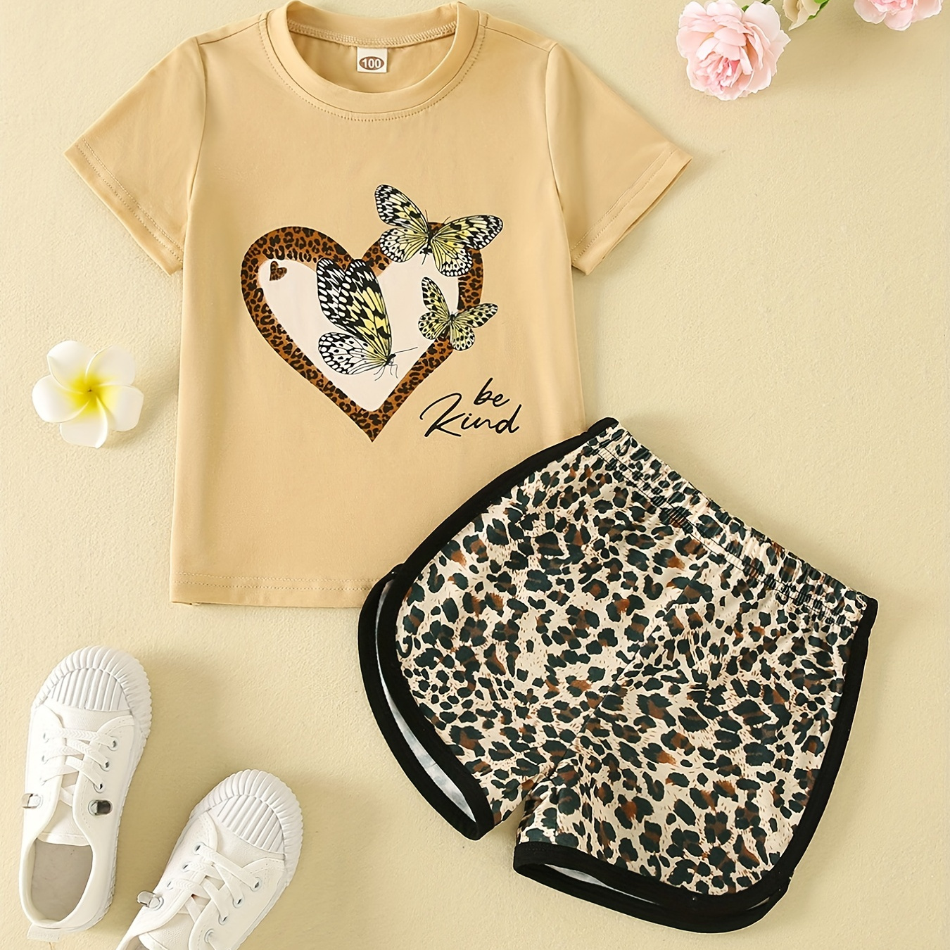 

Girls Casual 2pcs, Heart & Butterfly Graphic Short Sleeve T-shirt Top + Leopard Print Shorts Set For Summer