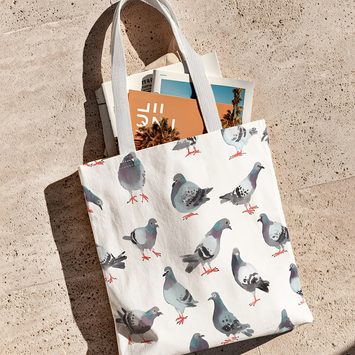TEMU Durable Tote Bag Featuring Cute Pigeons In A 2d Watercolor Style, With Double-sided Prints Showcasing Pigeons In Different Poses. Perfect For
