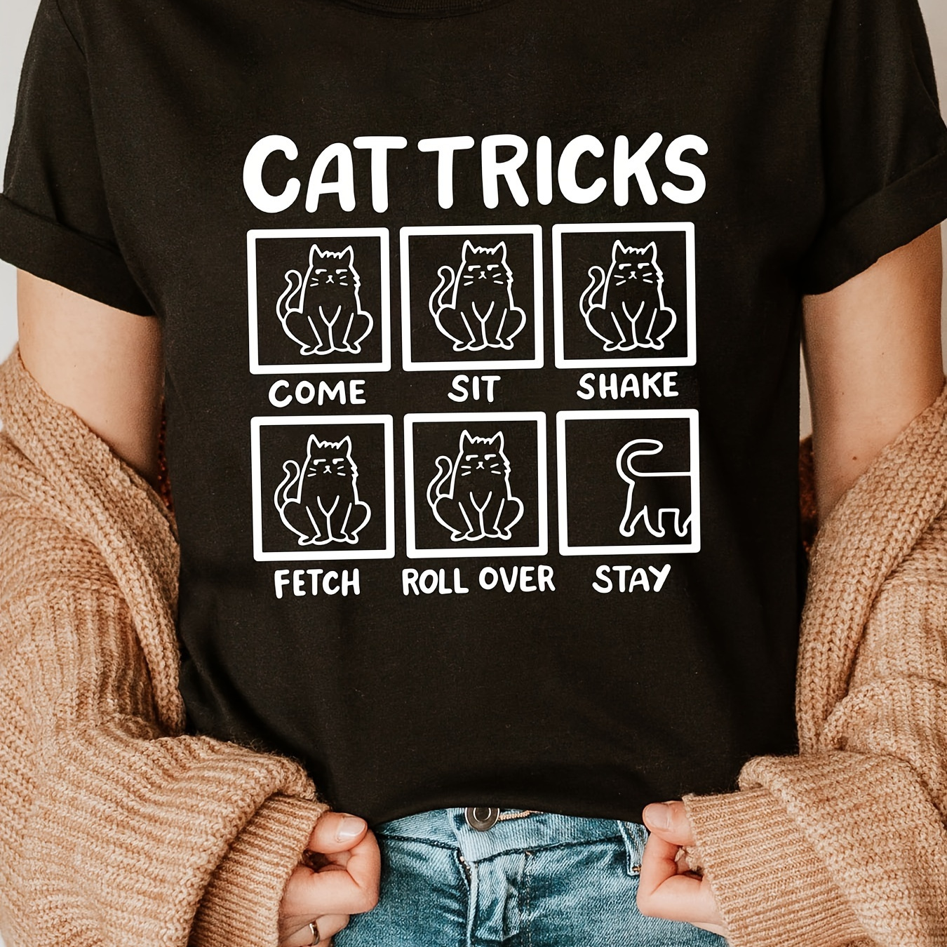 

Cat Tricks Print Crew Neck T-shirt, Short Sleeve Casual Top For Summer & Spring, Women's Clothing