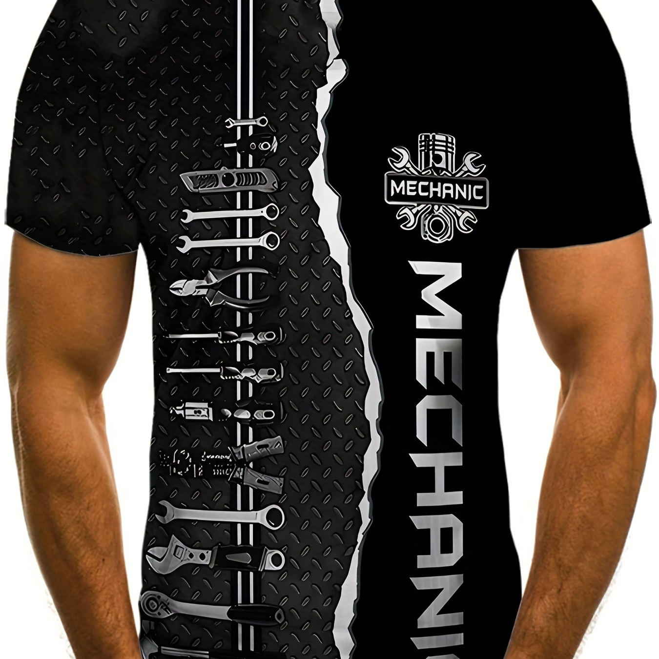 

Mechanic Tool Print T-shirt, Men's Casual Street Style Stretch Round Neck Tee Shirt For Summer